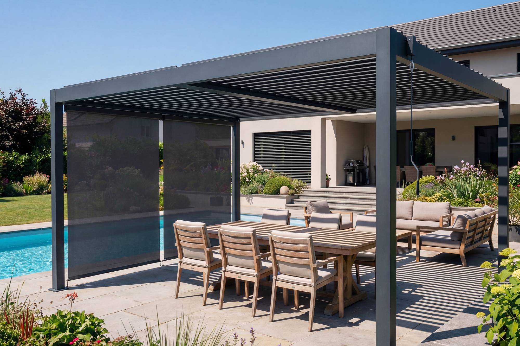 CAZEBOO - Cazeboo Pergola bioclimatique 4x3 m autoportée PIANA aluminium gris avec stores rétractables côté 3 m - Image 1