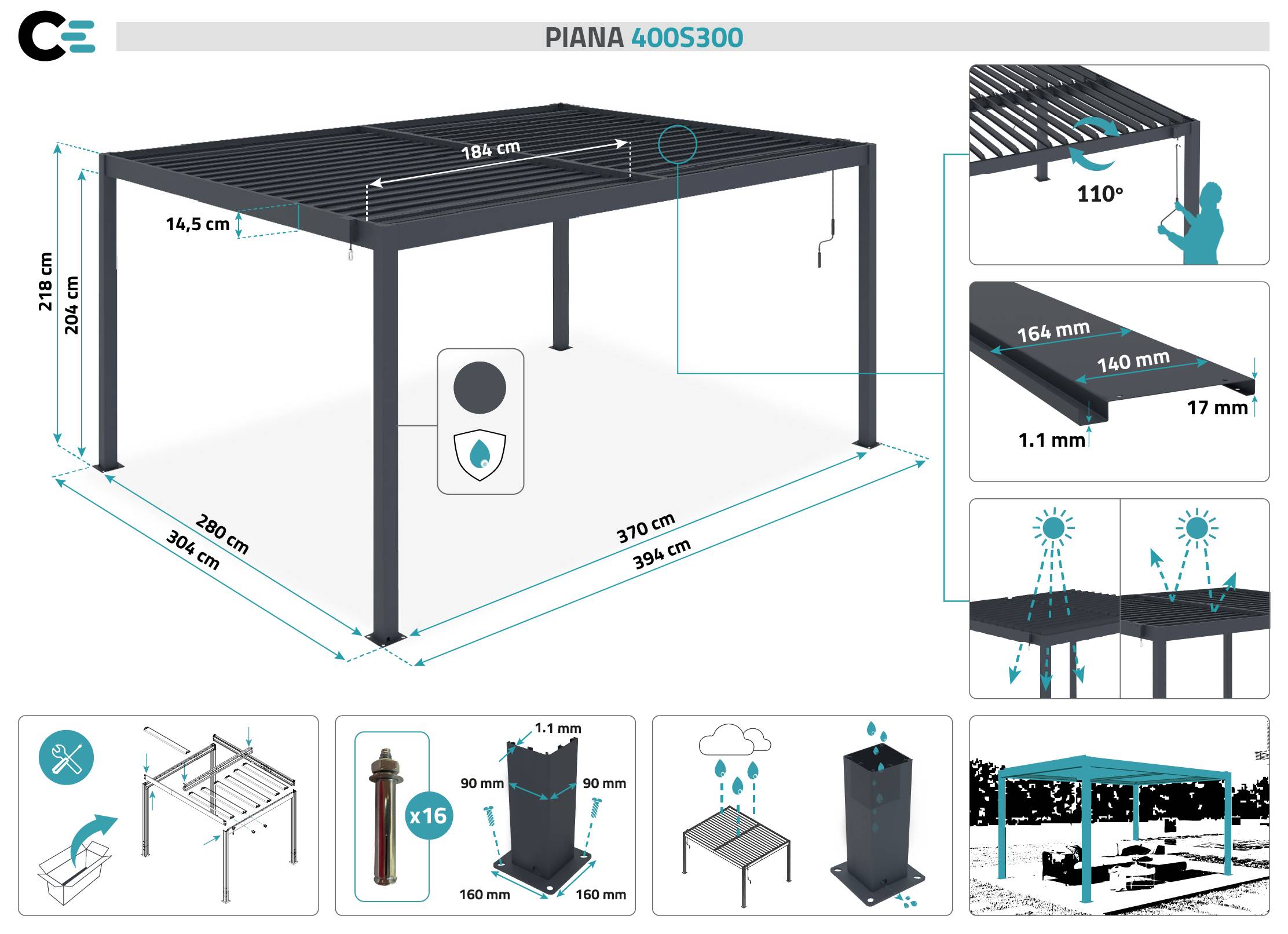 CAZEBOO - Cazeboo Pergola bioclimatique 4x3 m autoportée PIANA aluminium gris avec stores rétractables côté 3 m - Image 2