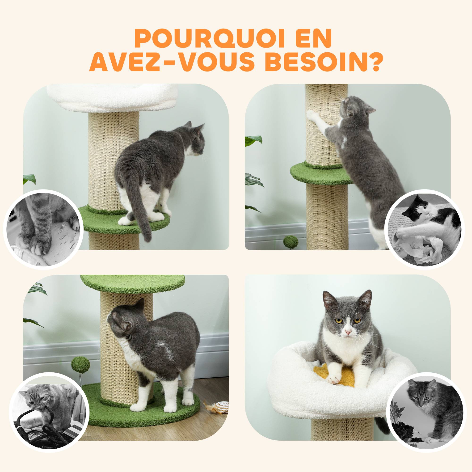 Arbre à chat à fleurs à 3 niveaux, tonneau à gratter pour chats plateforme et balle poteau en sisal, Ø 45 x 92 cm, vert - Image 9