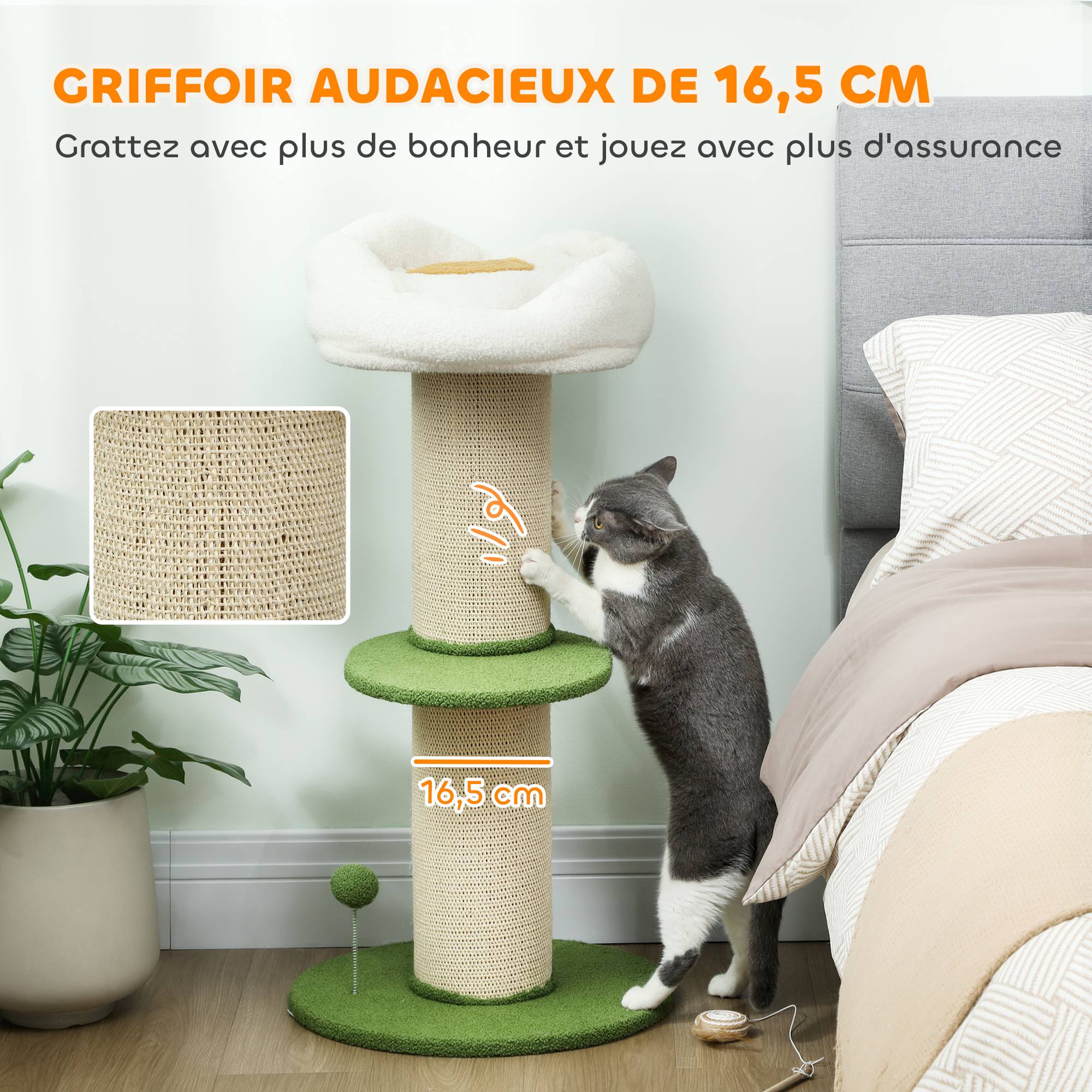 Arbre à chat à fleurs à 3 niveaux, tonneau à gratter pour chats plateforme et balle poteau en sisal, Ø 45 x 92 cm, vert - Image 6