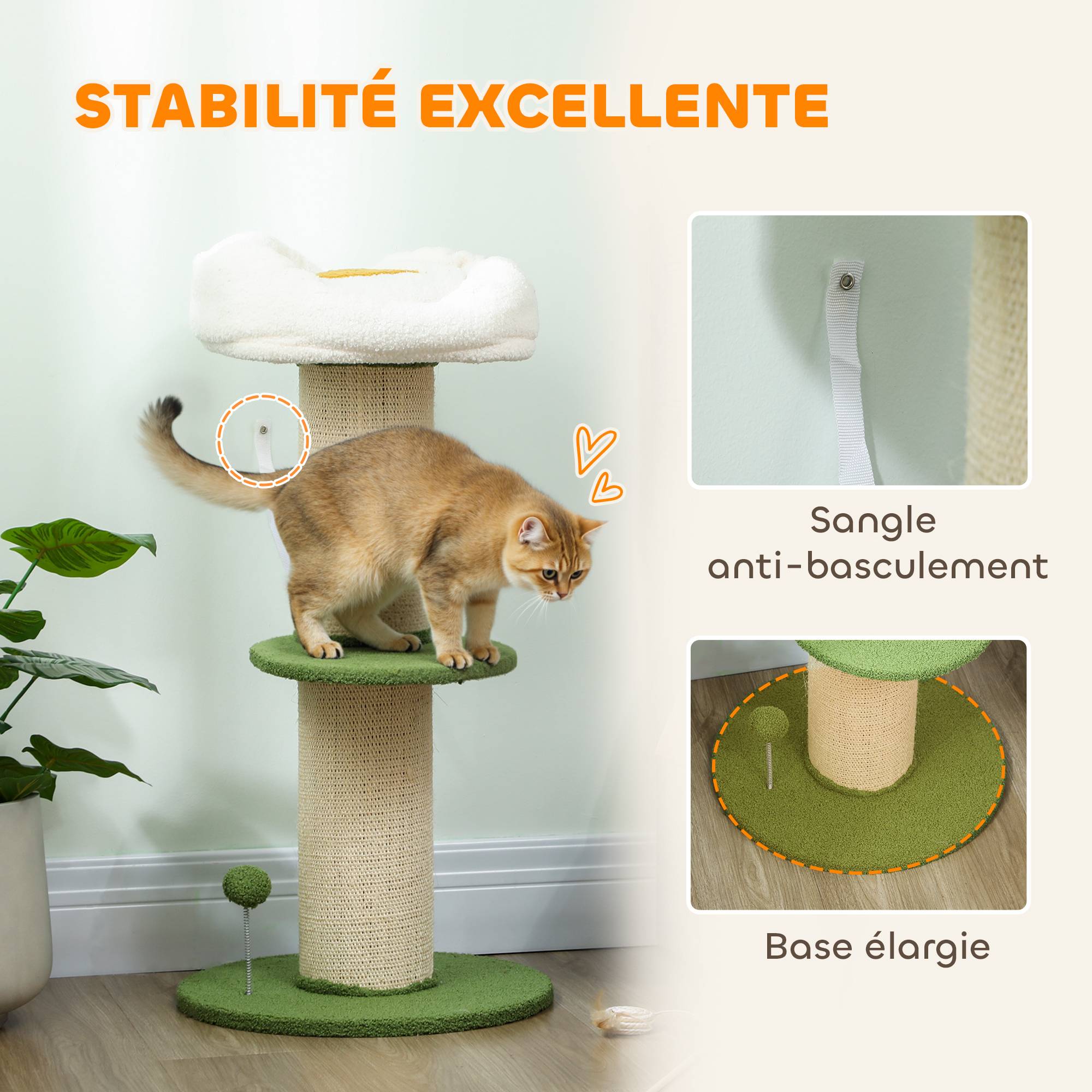 Arbre à chat à fleurs à 3 niveaux, tonneau à gratter pour chats plateforme et balle poteau en sisal, Ø 45 x 92 cm, vert - Image 8