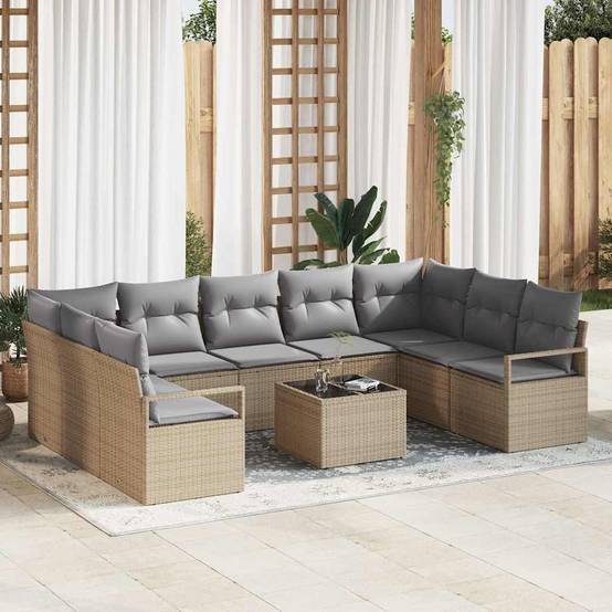 Set de Canapés Terrasse 10 pcs Polyrotin Durable avec Table et Housse Rangement Beige et Gris Clair – ComfortXL Outdoor Living - Image 1