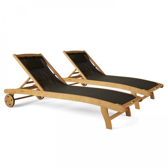 Oviala - Lot de 2 bains de soleil en bois inclinable avec roues noir Aubagne - Oviala - Image 1