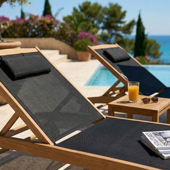 Oviala - Lot de 2 bains de soleil en bois inclinable avec roues noir Aubagne - Oviala - Image 4