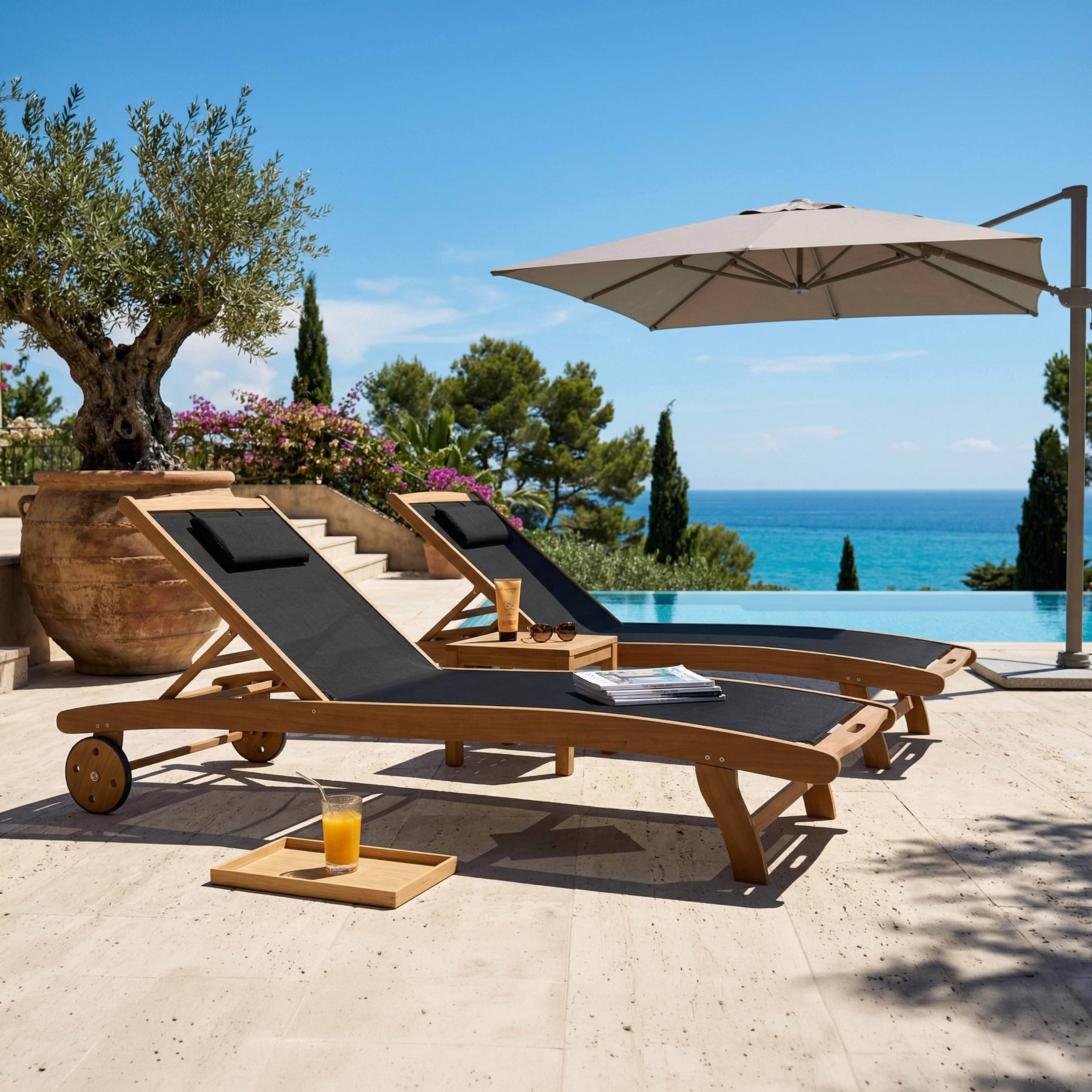 Oviala - Lot de 2 bains de soleil en bois inclinable avec roues noir Aubagne - Oviala - Image 2