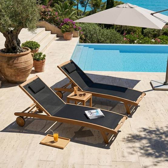 Oviala - Lot de 2 bains de soleil en bois inclinable avec roues noir Aubagne - Oviala - Image 3