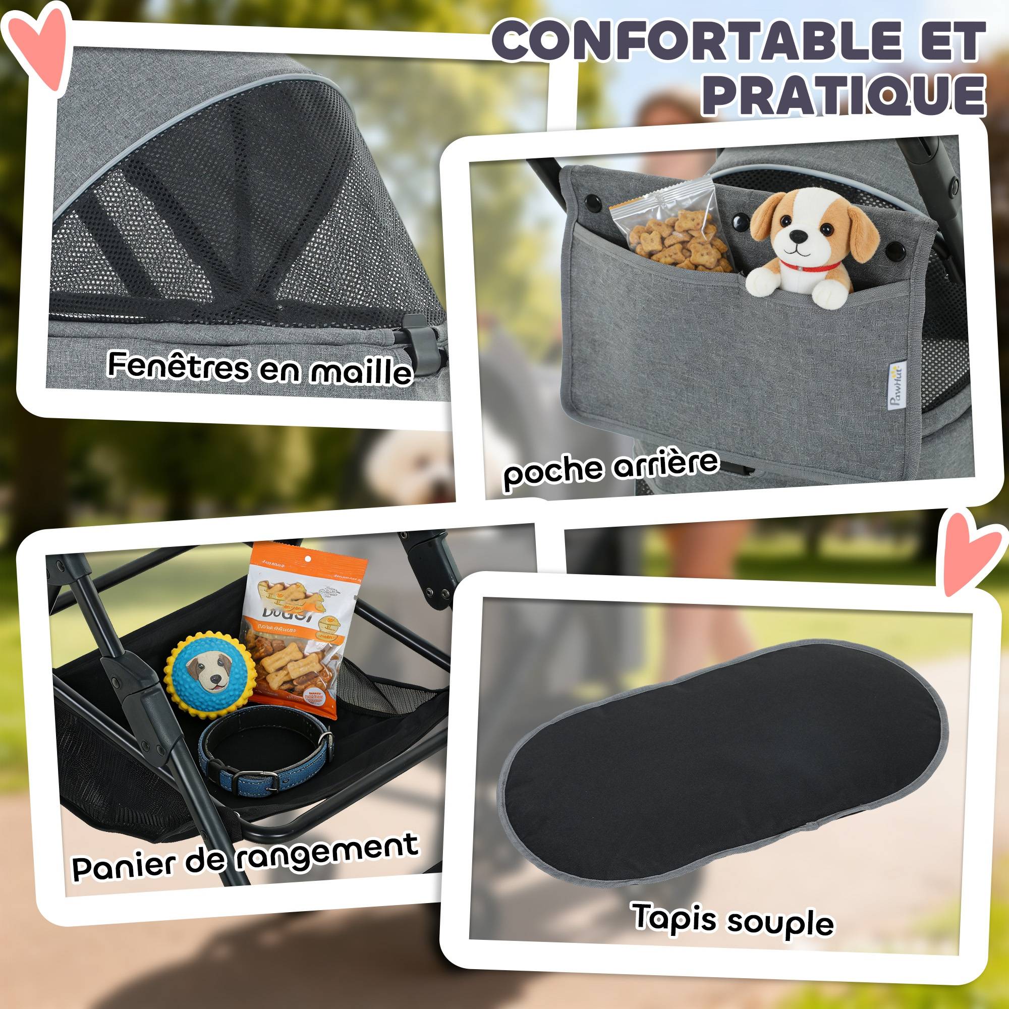 Poussette pour Chien Pousse-Chien 3 en 1 Détachable Pliable Nacelle Amovible et Sans Fermeture Éclair Suspension Gris - Image 10