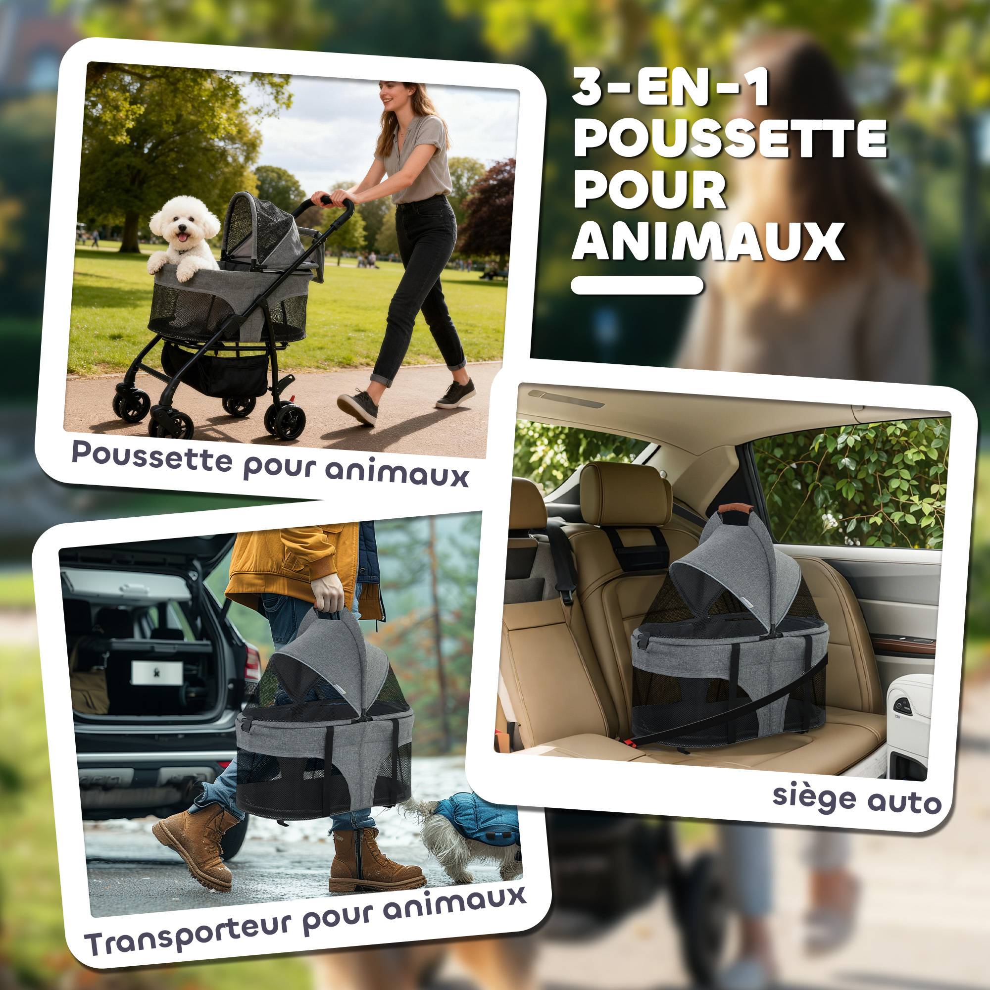 Poussette pour Chien Pousse-Chien 3 en 1 Détachable Pliable Nacelle Amovible et Sans Fermeture Éclair Suspension Gris - Image 6