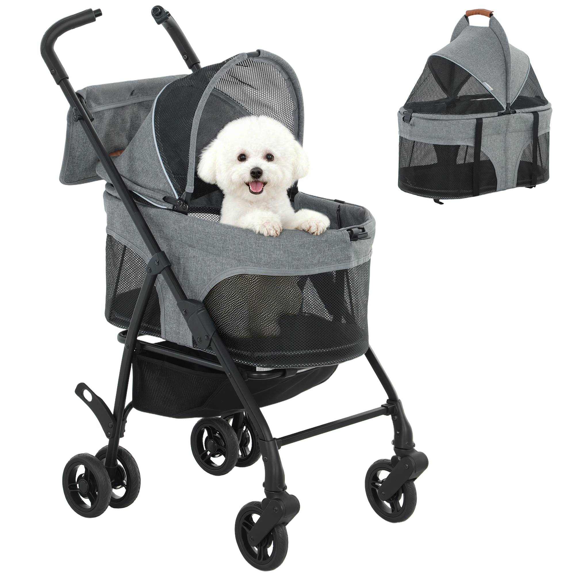 Poussette pour Chien Pousse-Chien 3 en 1 Détachable Pliable Nacelle Amovible et Sans Fermeture Éclair Suspension Gris