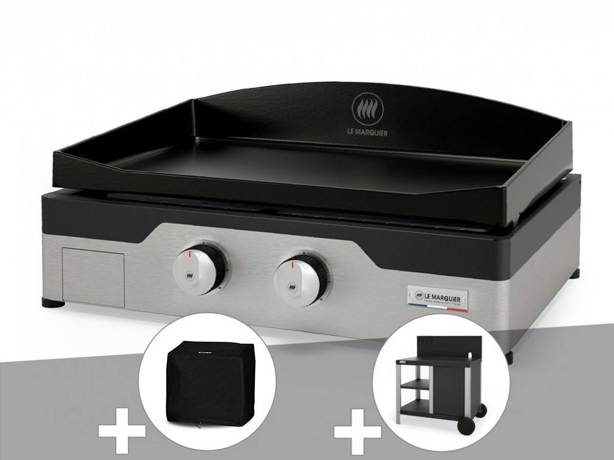 Lemarquier - Plancha gaz Signature Allure 260 Duo + Housse de protection + Desserte - Le Marquier