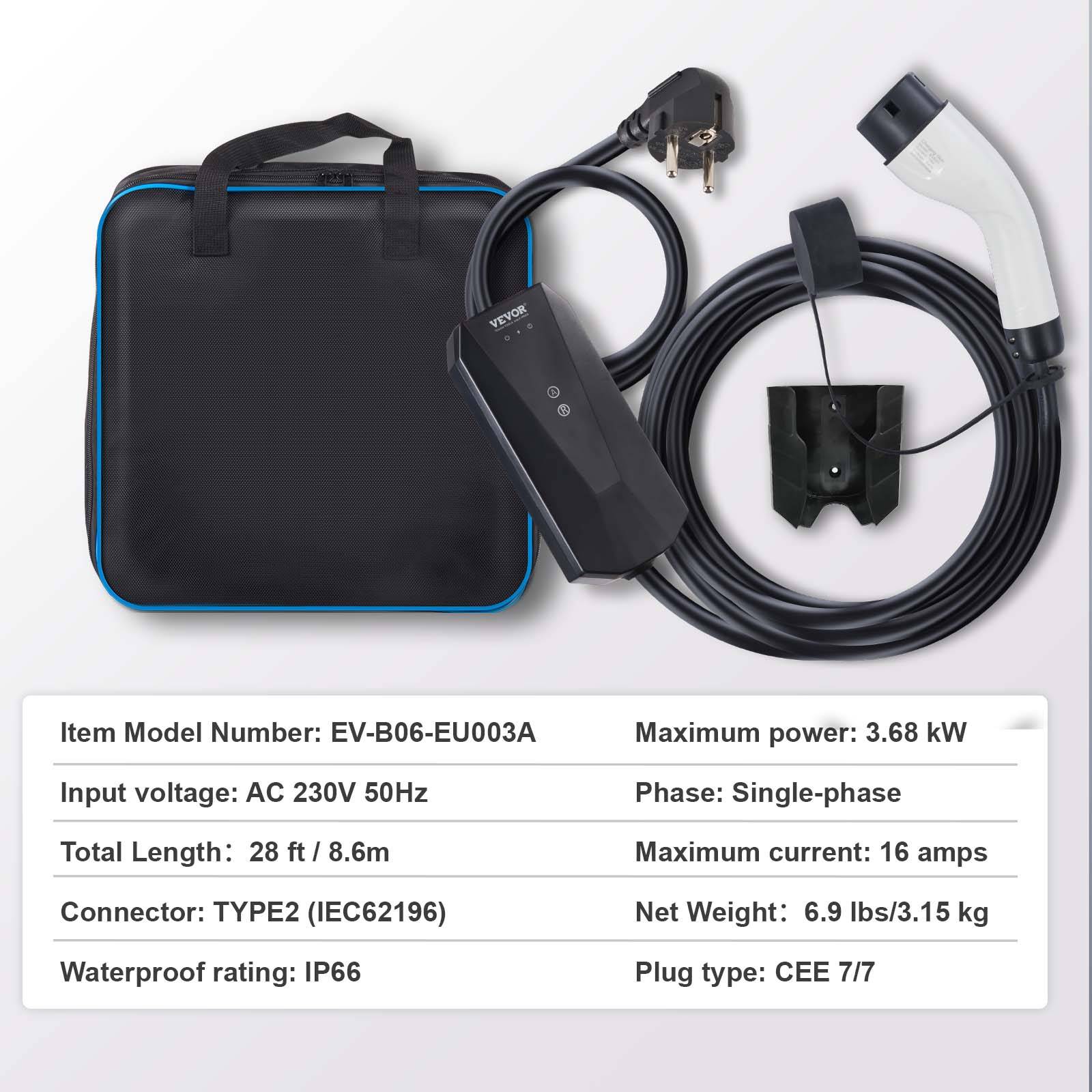 VEVOR Chargeur EV portable Type 2, 16A 3,7kW, câble 8,6m, prise CEE 7/7, étanche IP66 avec sac. - Image 7