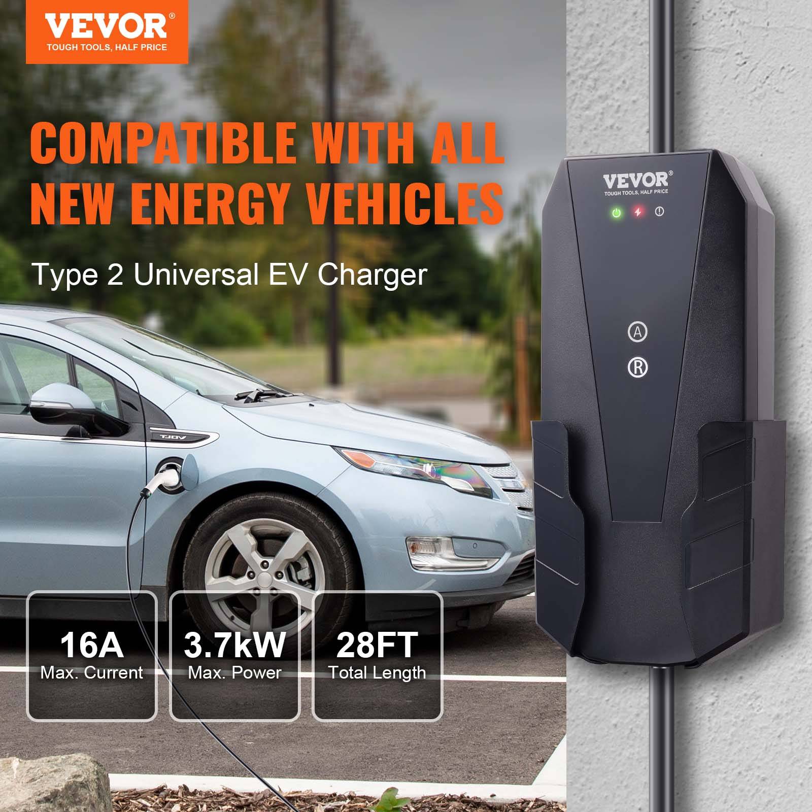 VEVOR Chargeur EV portable Type 2, 16A 3,7kW, câble 8,6m, prise CEE 7/7, étanche IP66 avec sac. - Image 2