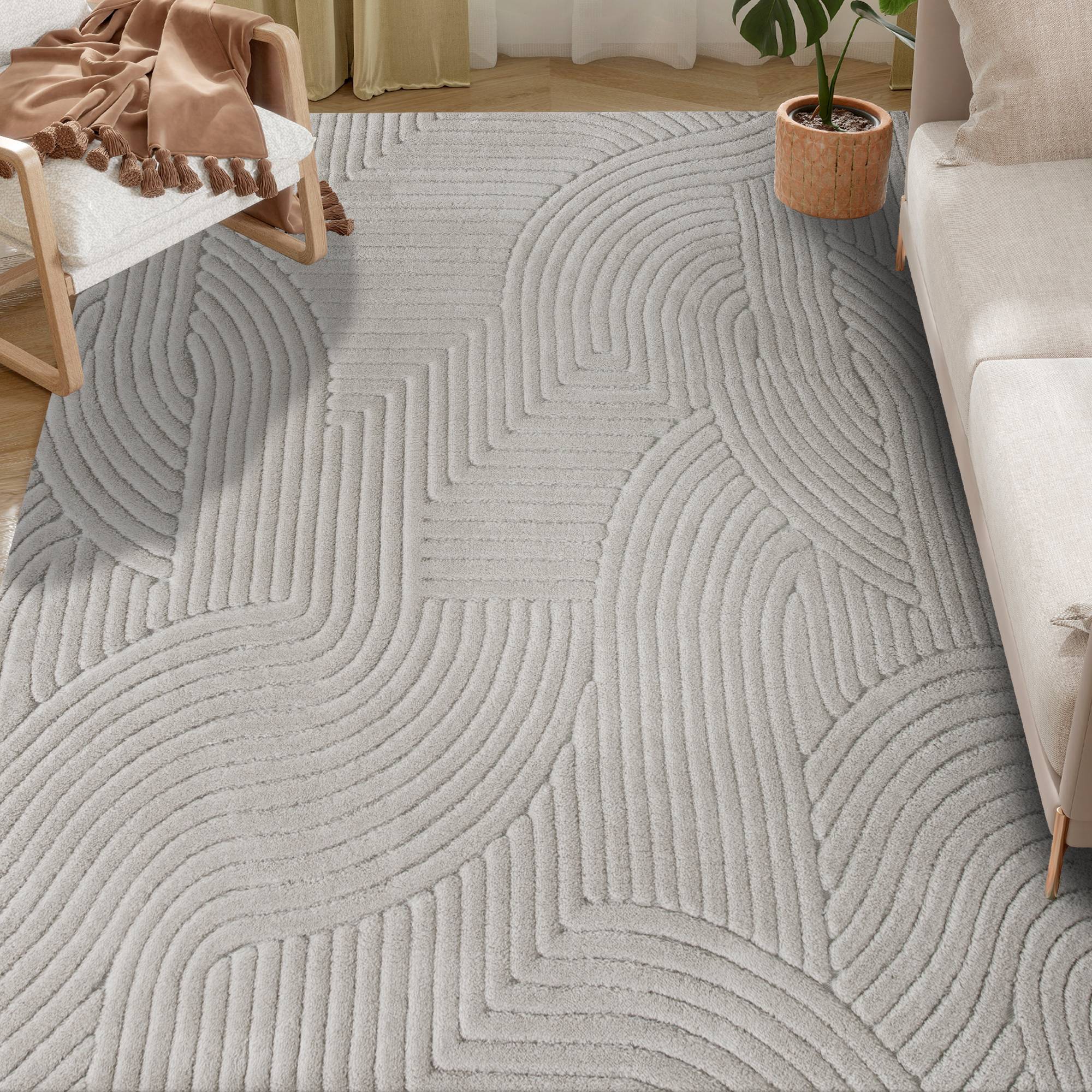 Sans Marque - Tapis salon 230x160 cm poils épais géométrique moelleux antidérapant gris - Image 1