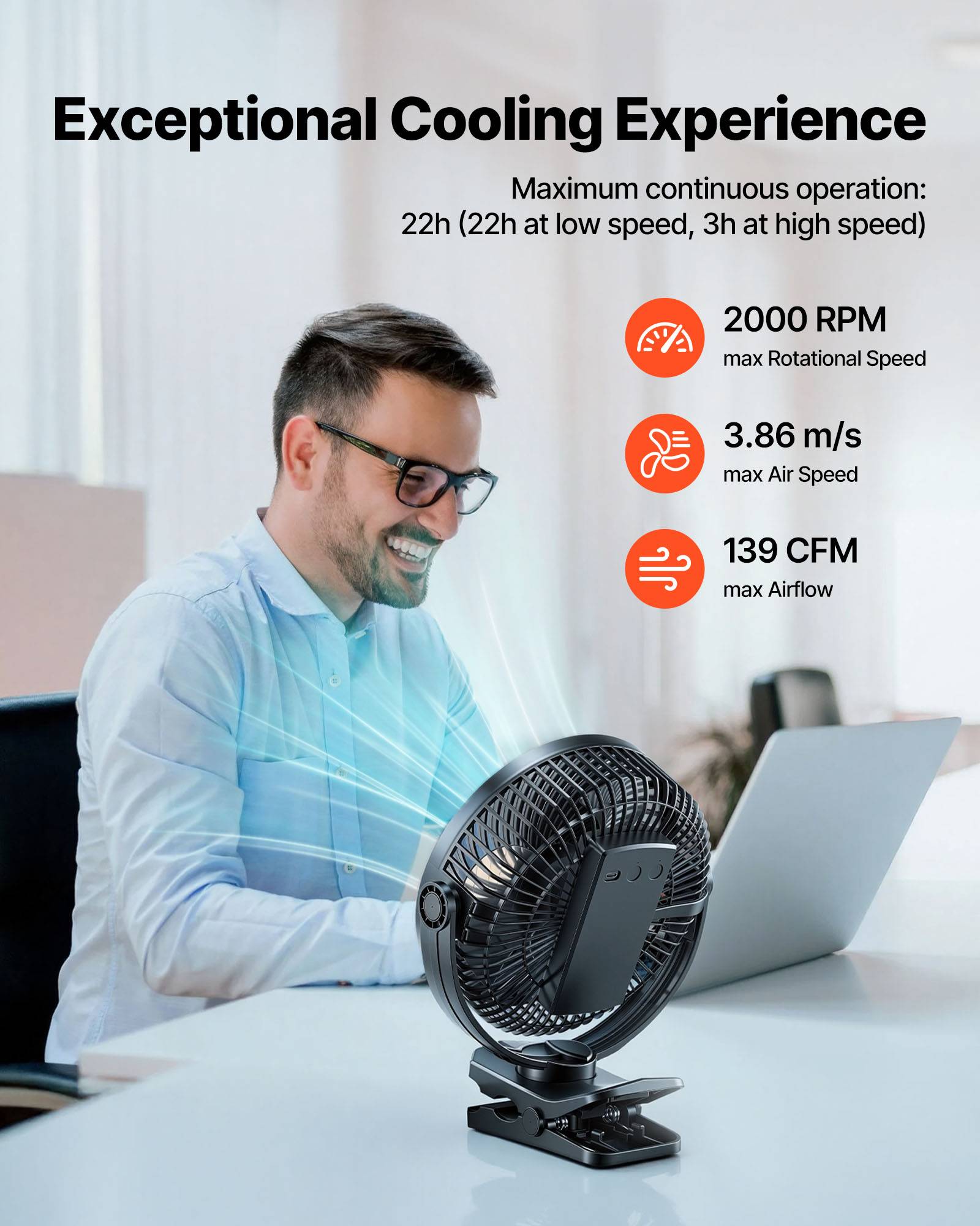 VEVOR Ventilateur à Pince Portable avec Éclairage LED Rechargeable par USB Noir - Image 2