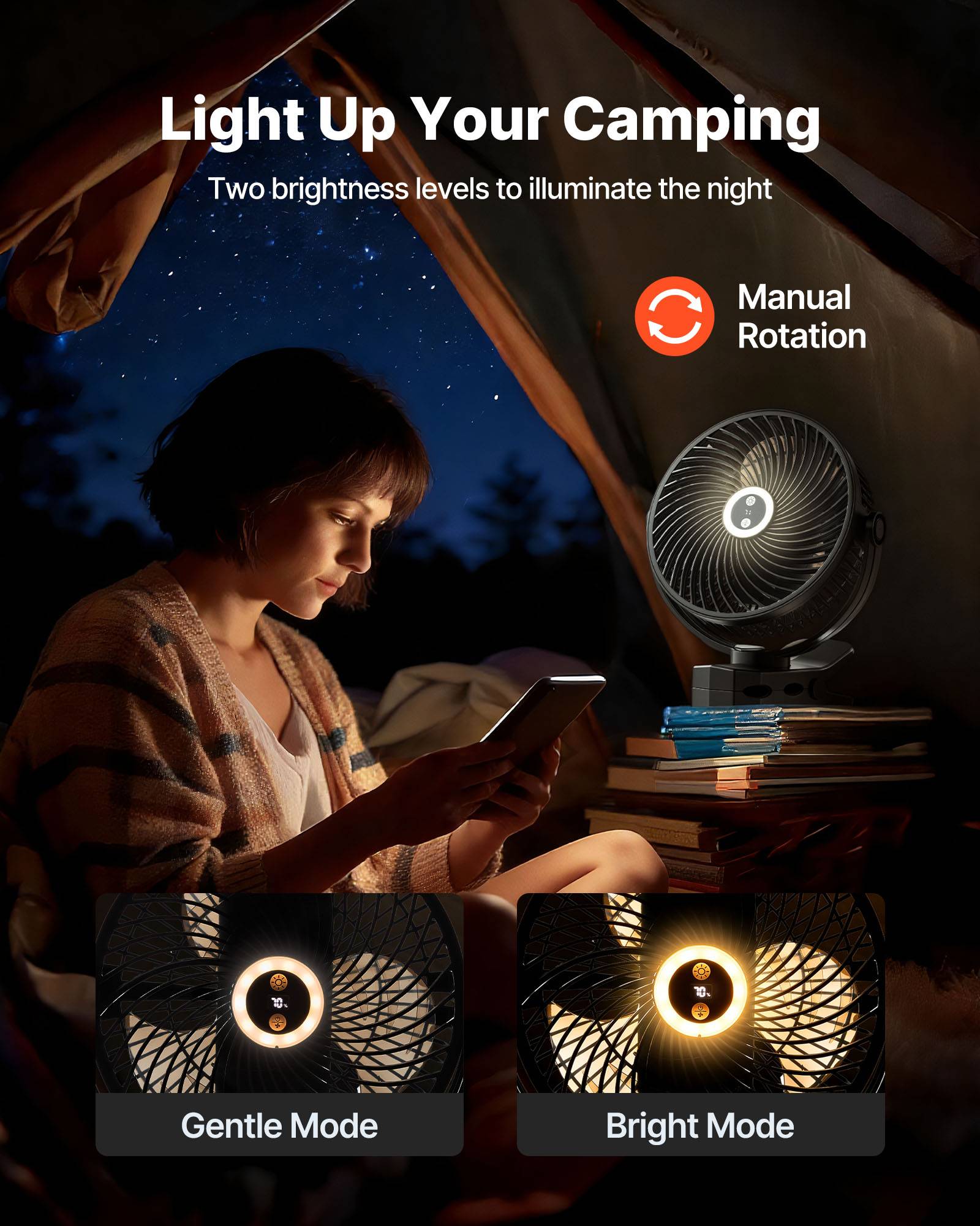 VEVOR Ventilateur à Pince Portable avec Éclairage LED Rechargeable par USB Noir - Image 3