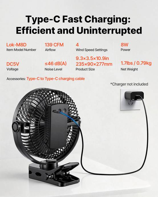 VEVOR Ventilateur à Pince Portable avec Éclairage LED Rechargeable par USB Noir - Image 7