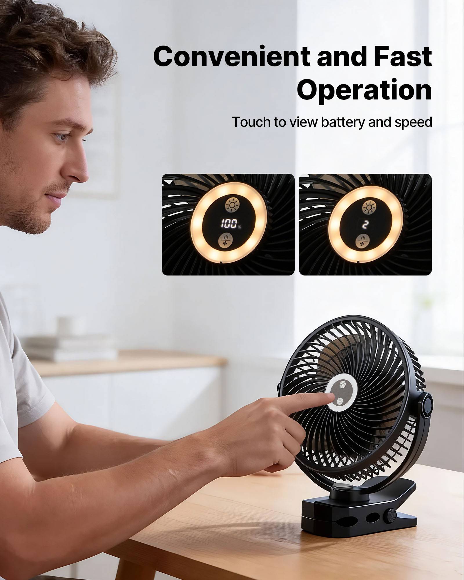 VEVOR Ventilateur à Pince Portable avec Éclairage LED Rechargeable par USB Noir - Image 6