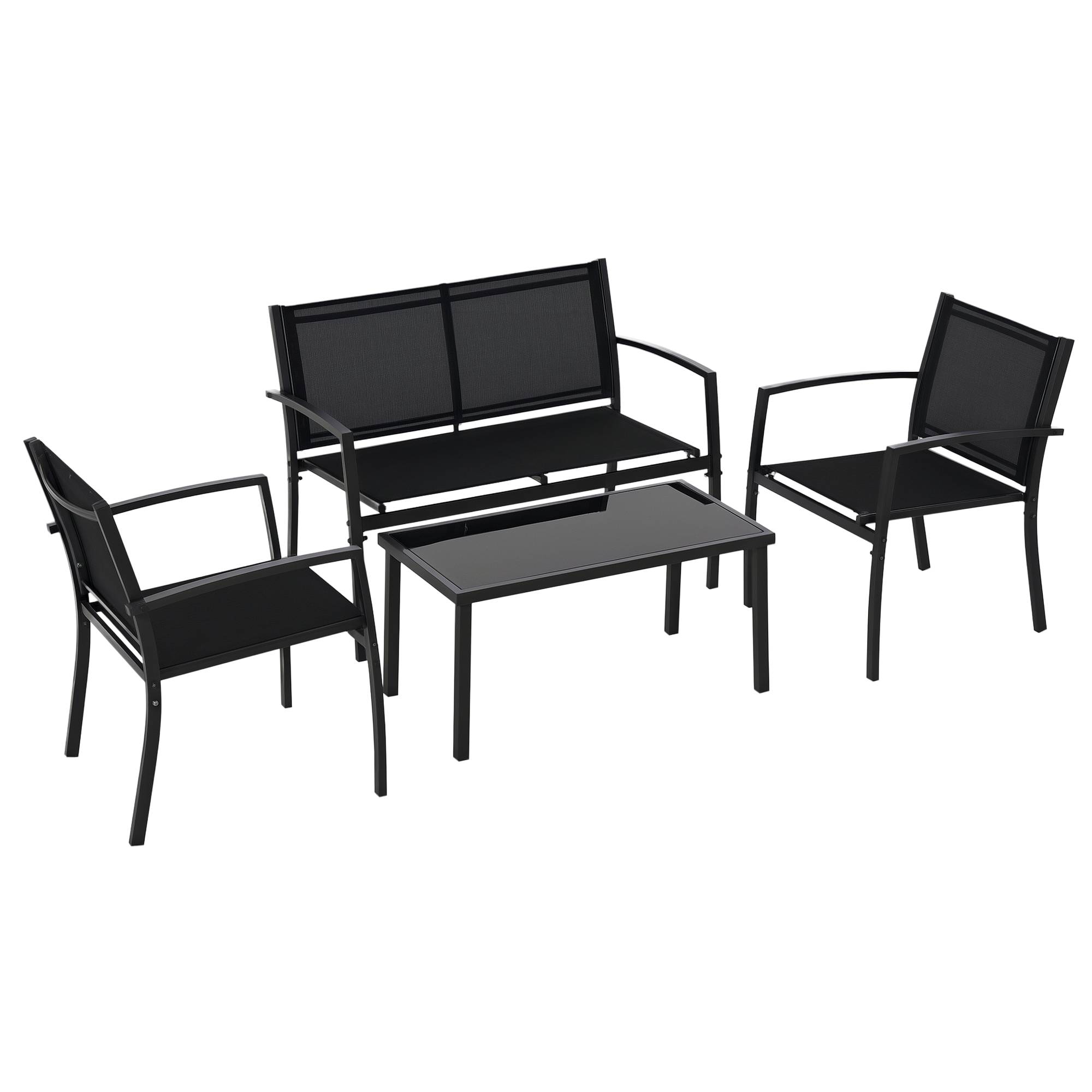 Salon de jardin extérieur 4 pièces avec canapé 2 places, 2 chaises et table basse en verre trempé, coussins inclus, noir - Image 1