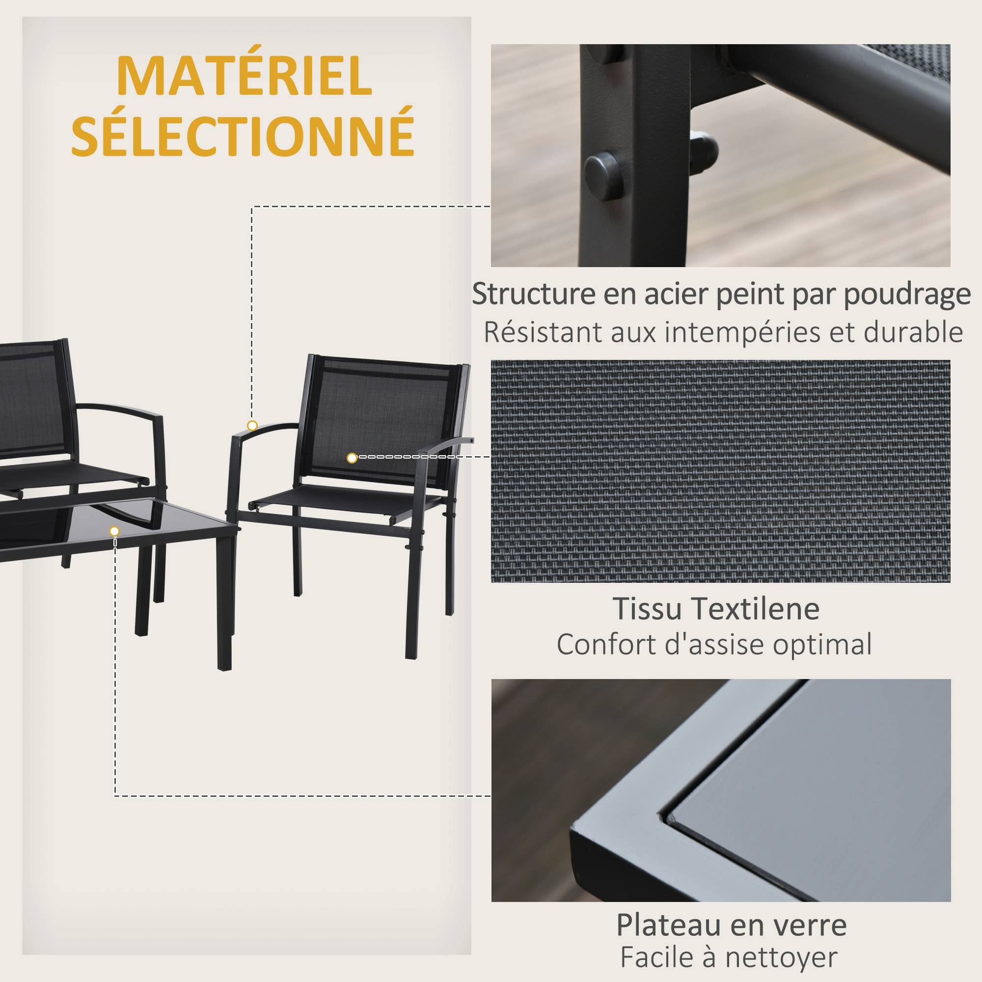 Salon de jardin extérieur 4 pièces avec canapé 2 places, 2 chaises et table basse en verre trempé, coussins inclus, noir - Image 7