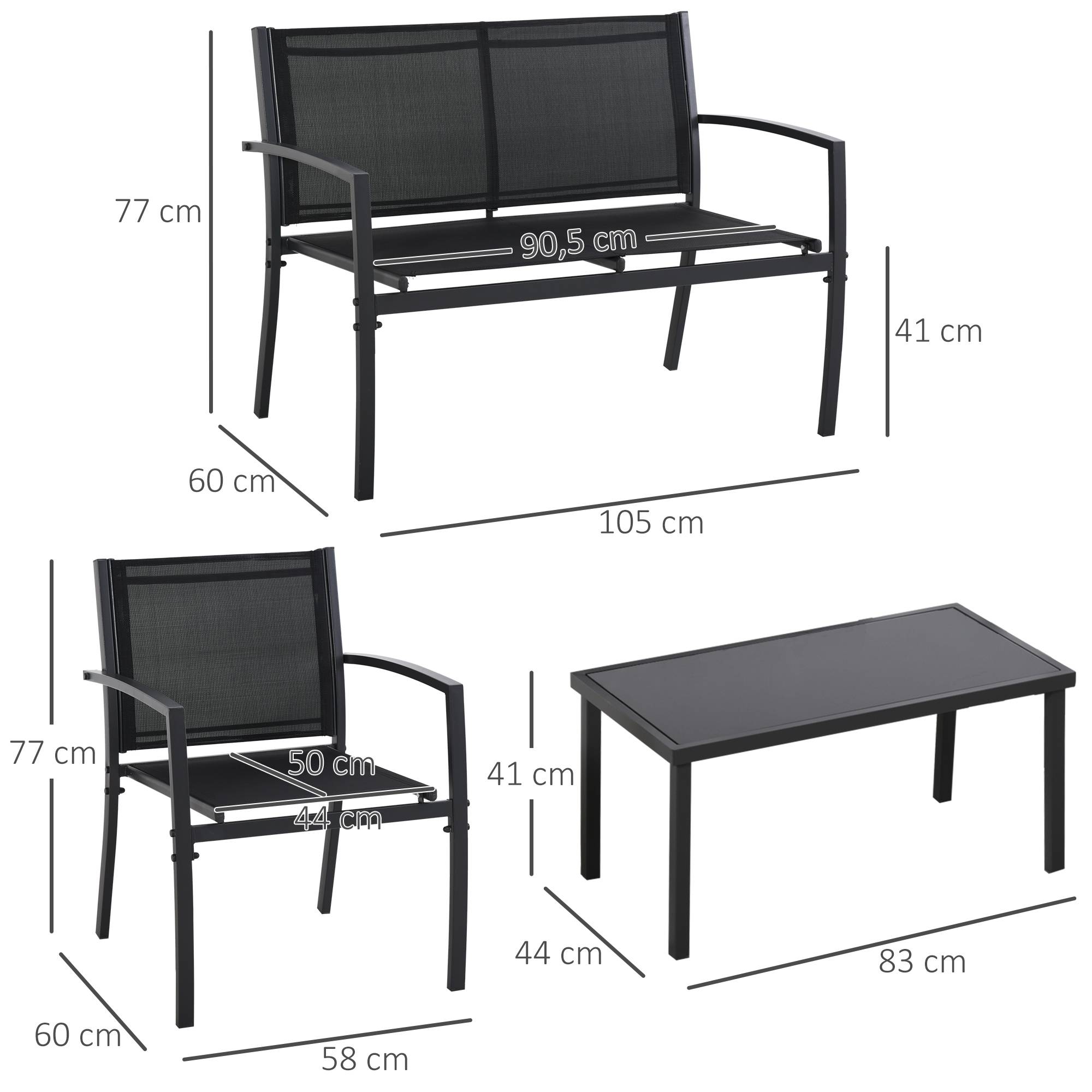 Salon de jardin extérieur 4 pièces avec canapé 2 places, 2 chaises et table basse en verre trempé, coussins inclus, noir - Image 5
