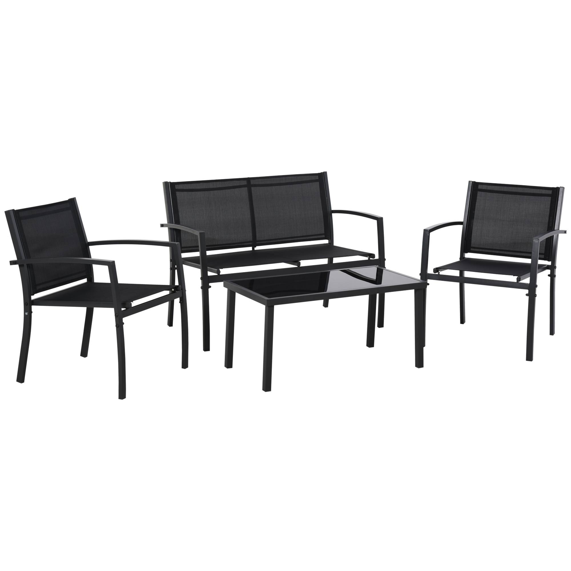 Salon de jardin extérieur 4 pièces avec canapé 2 places, 2 chaises et table basse en verre trempé, coussins inclus, noir - Image 2
