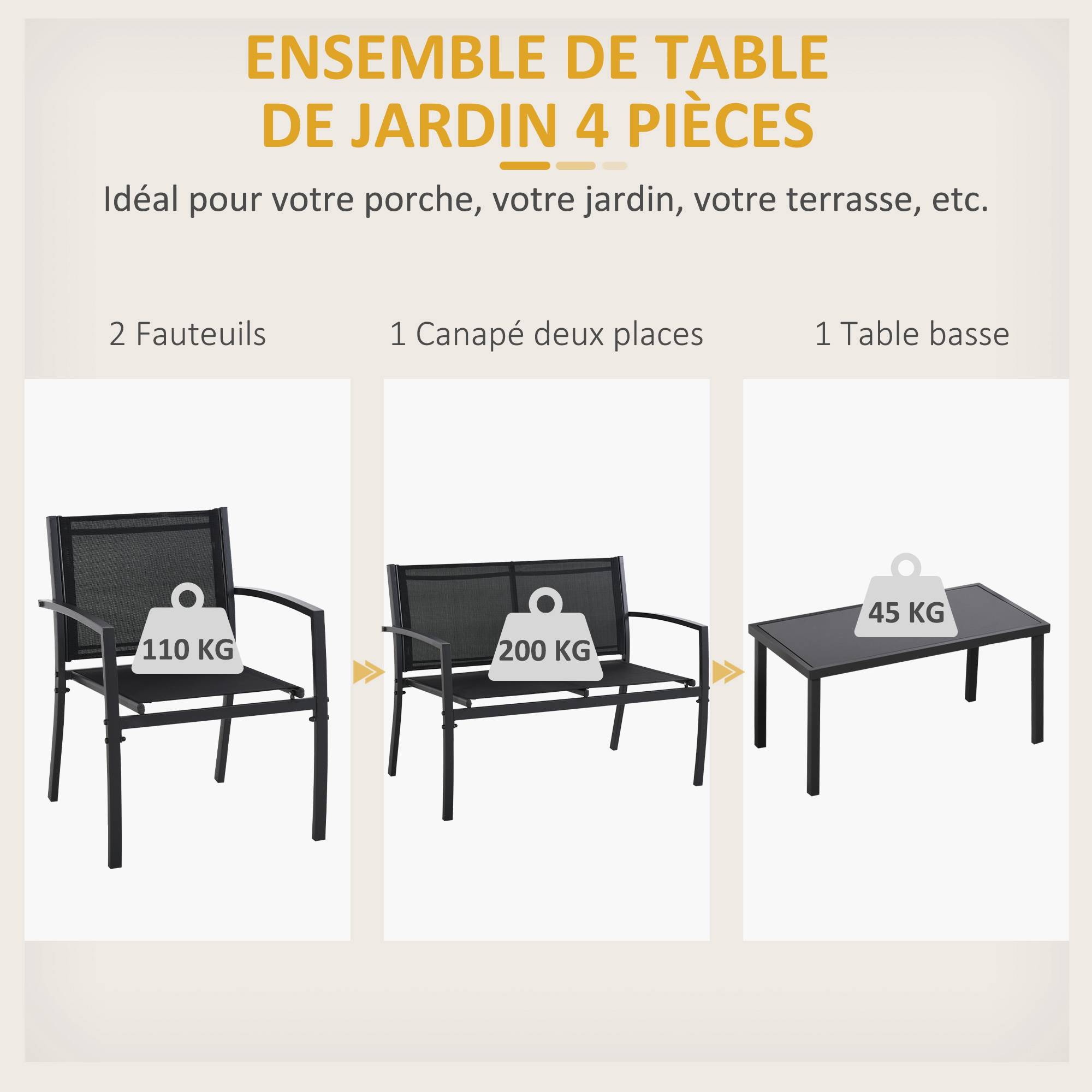 Salon de jardin extérieur 4 pièces avec canapé 2 places, 2 chaises et table basse en verre trempé, coussins inclus, noir - Image 6