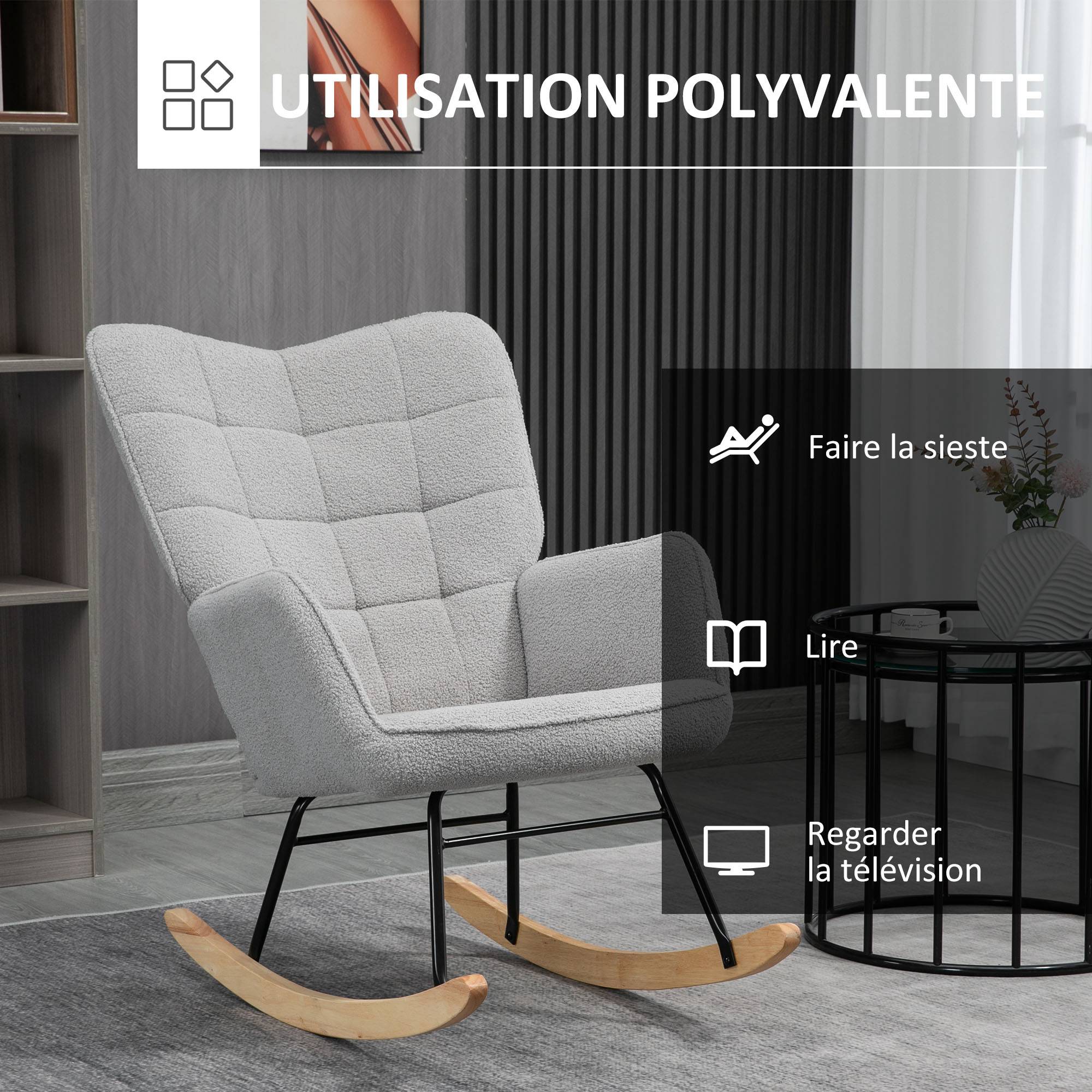 Sans Marque - Fauteuil à bascule rocking chair revêtement bouclette structure en acier 71 x 98 x 101 cm Gris clair - Image 8