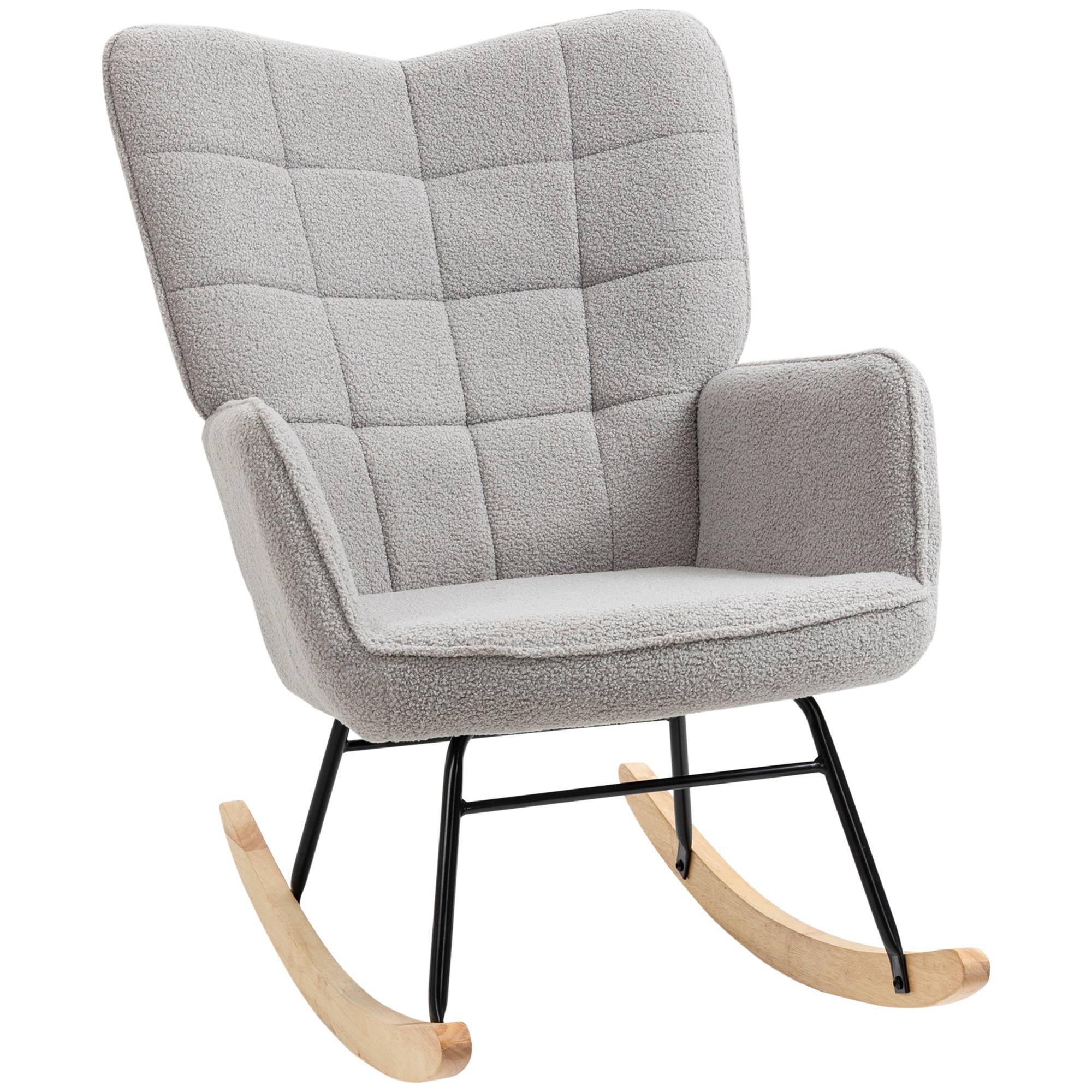 Sans Marque - Fauteuil à bascule rocking chair revêtement bouclette structure en acier 71 x 98 x 101 cm Gris clair - Image 1