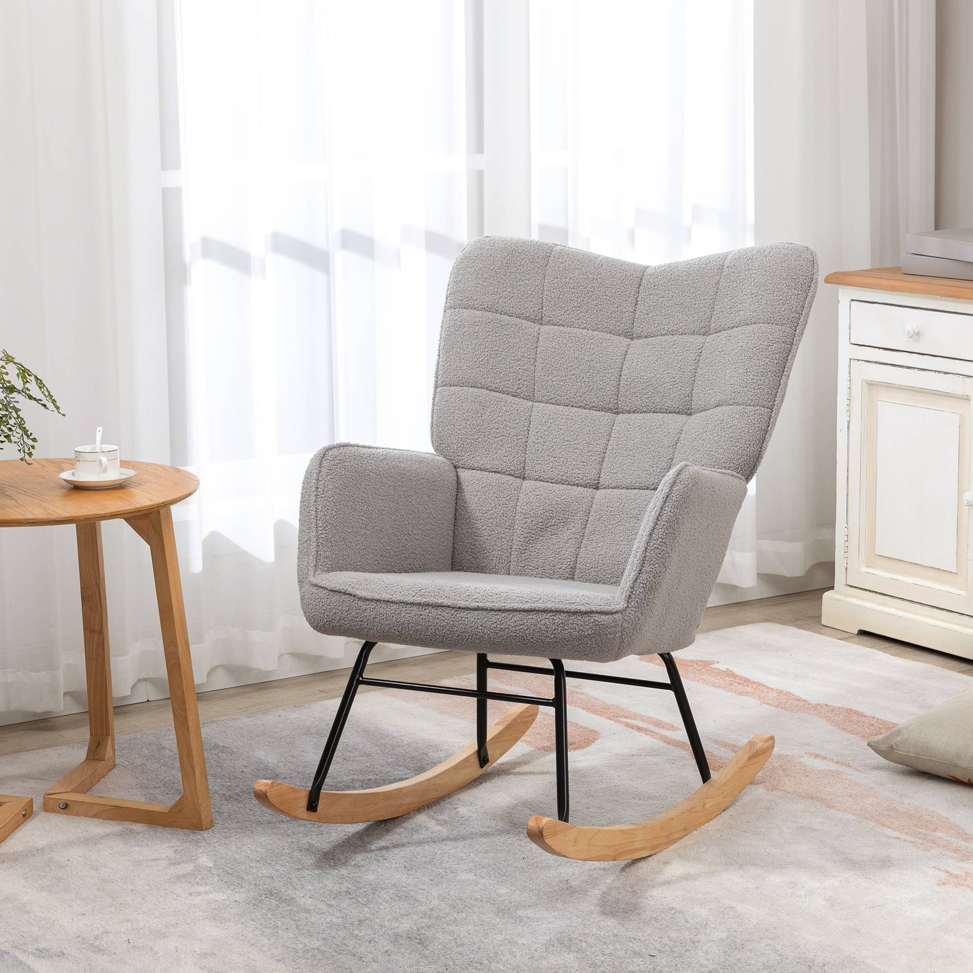 Sans Marque - Fauteuil à bascule rocking chair revêtement bouclette structure en acier 71 x 98 x 101 cm Gris clair - Image 3