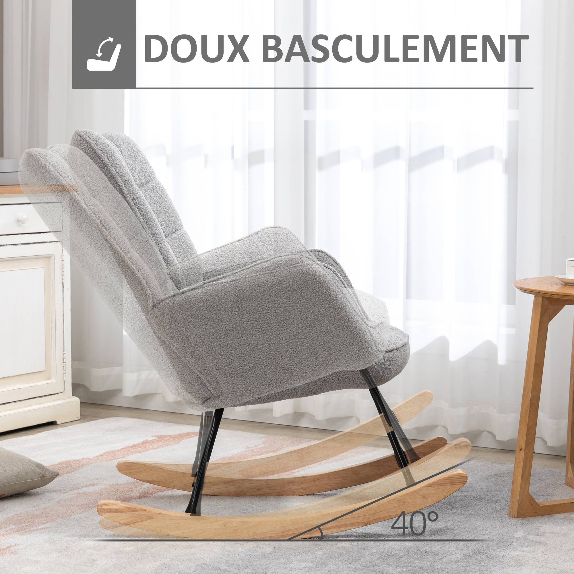Sans Marque - Fauteuil à bascule rocking chair revêtement bouclette structure en acier 71 x 98 x 101 cm Gris clair - Image 6