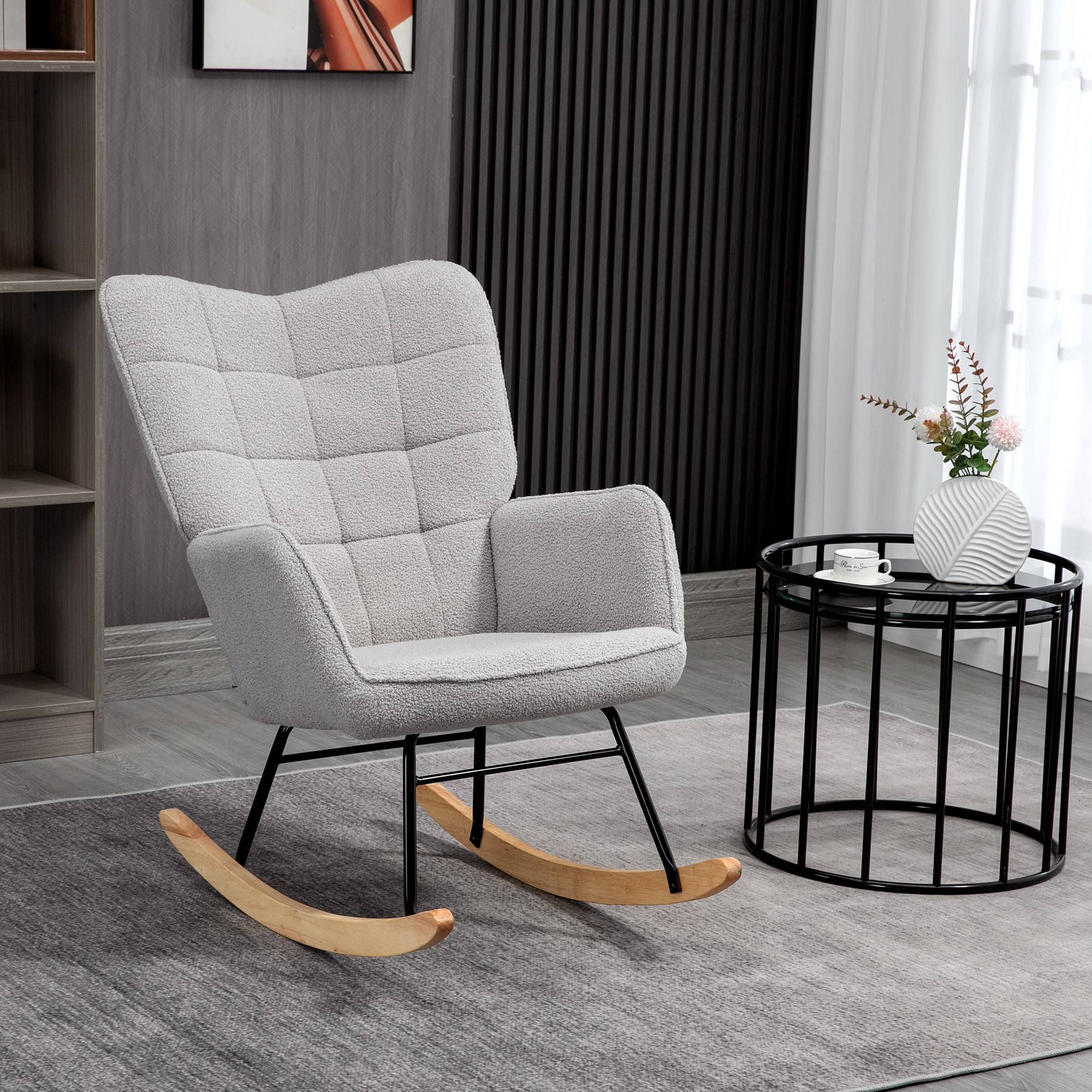 Sans Marque - Fauteuil à bascule rocking chair revêtement bouclette structure en acier 71 x 98 x 101 cm Gris clair - Image 4