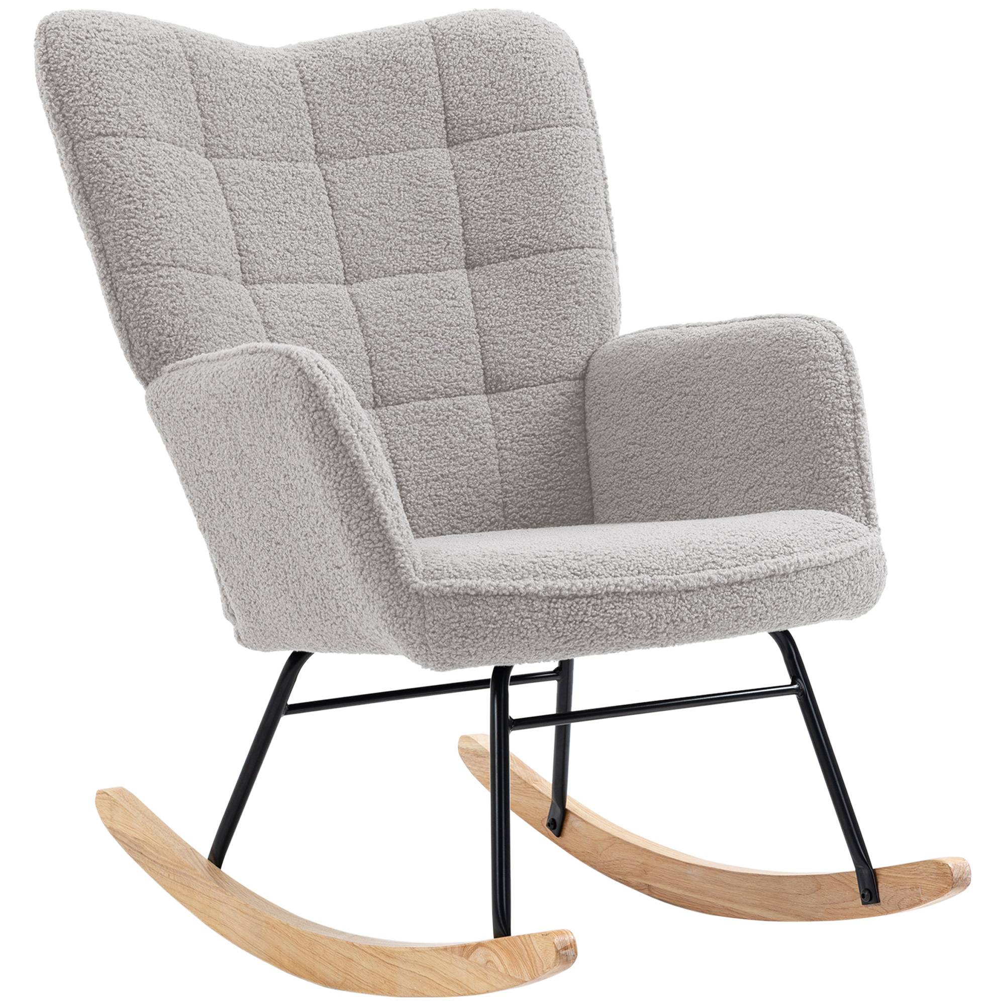 Sans Marque - Fauteuil à bascule rocking chair revêtement bouclette structure en acier 71 x 98 x 101 cm Gris clair - Image 2