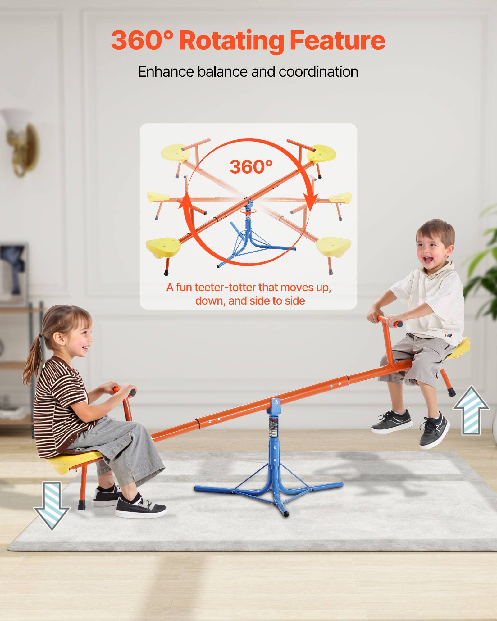 Vevor - VEVOR Balançoire à bascule biplace, rotation 360°, capacité 45,4 kg/siège, poignées confortables, pieds 3 branches, pour enfants 3 ans + - Image 3