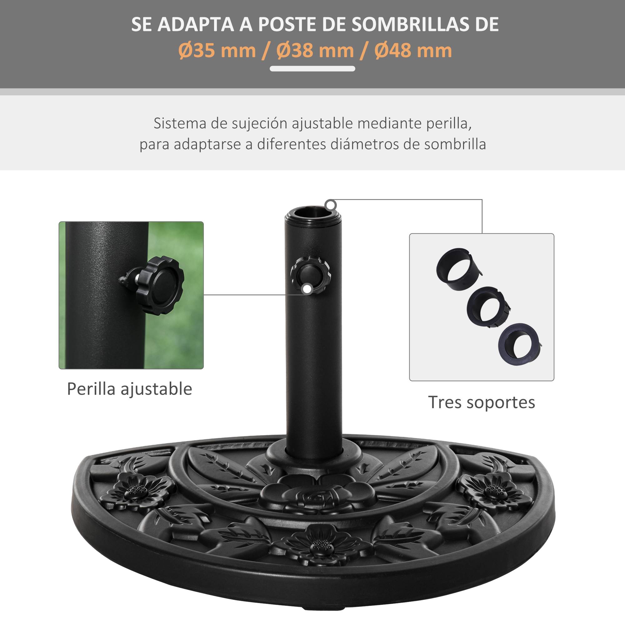 Base parasol semi-circulaire 9 kg, support parasol mat 35mm/38mm/48mm, beton, terrasse patio 50x32x32 cm noir - Image 8