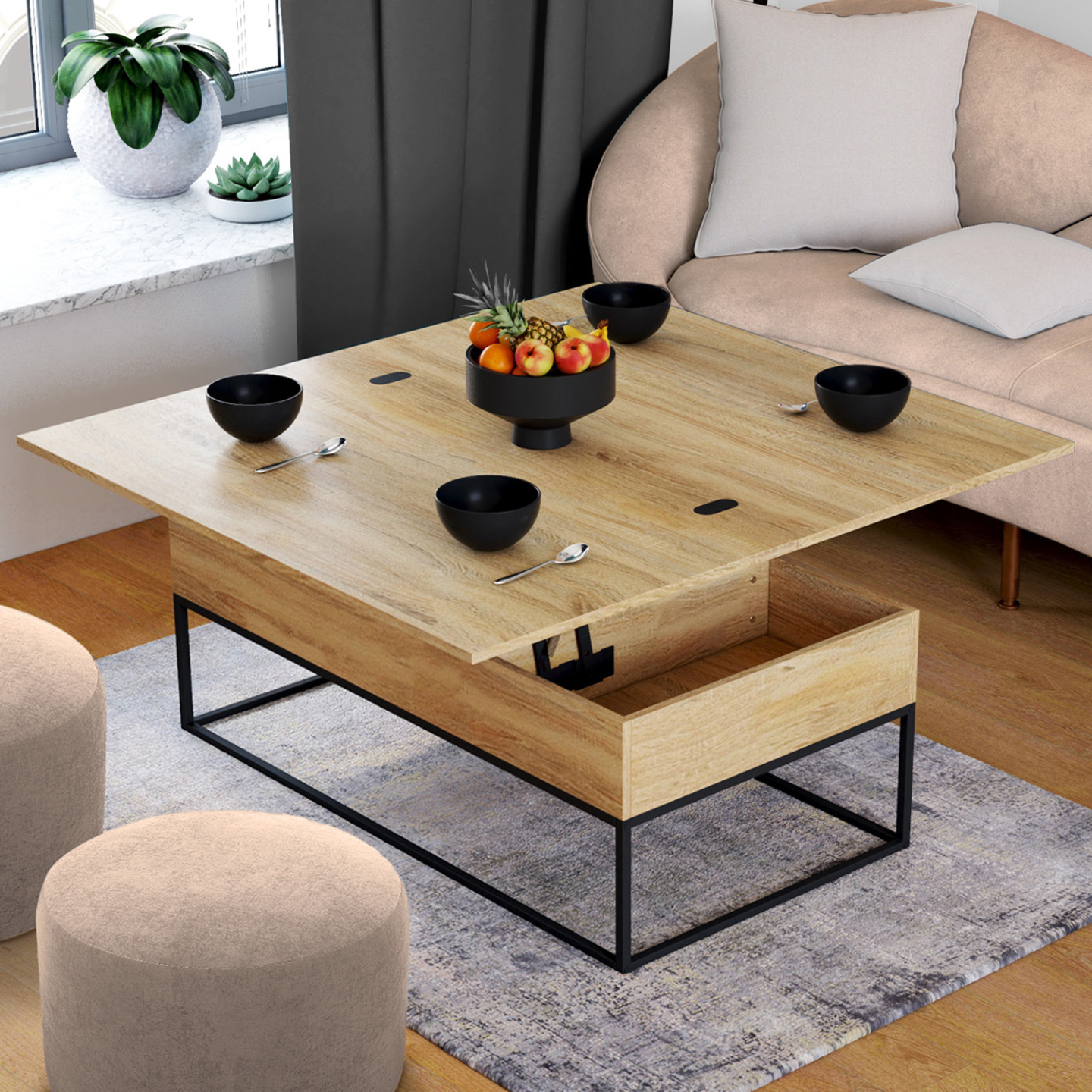 Table basse rectangulaire relevable convertible en table à manger DETROIT design industriel - Image 1