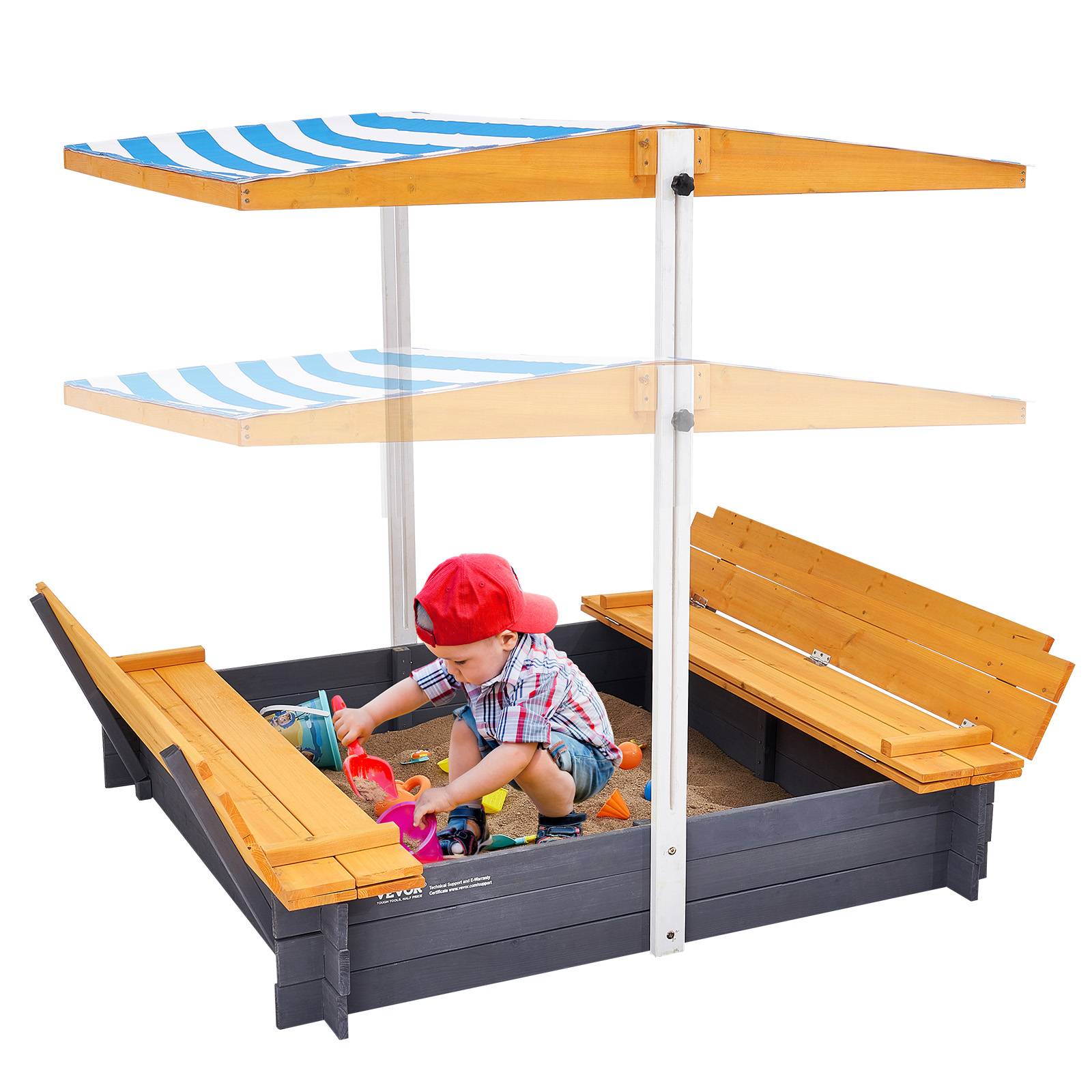 VEVOR Bac à sable bois avec auvent, 1455x1200x1200 mm. Banquettes pliables, doublure. Pour jardin, plage, 3-12 ans.