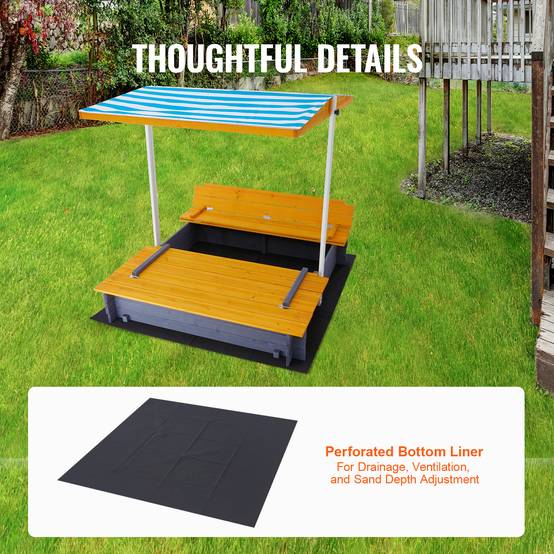 VEVOR Bac à sable bois avec auvent, 1455x1200x1200 mm. Banquettes pliables, doublure. Pour jardin, plage, 3-12 ans. - Image 6