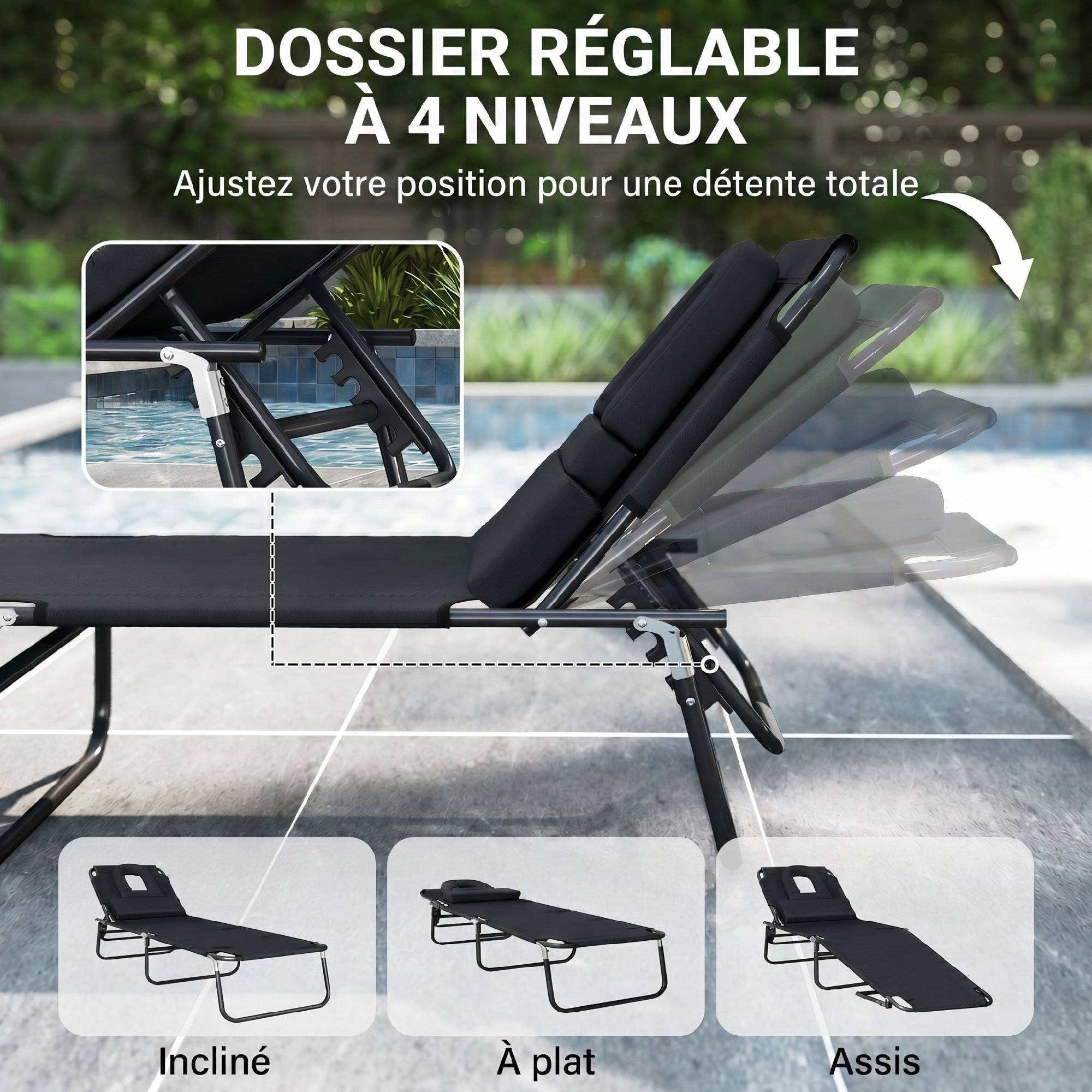 Transat de Jardin Chaise Longue Pliante Bain de Soleil pour Lecture Noir - Image 7