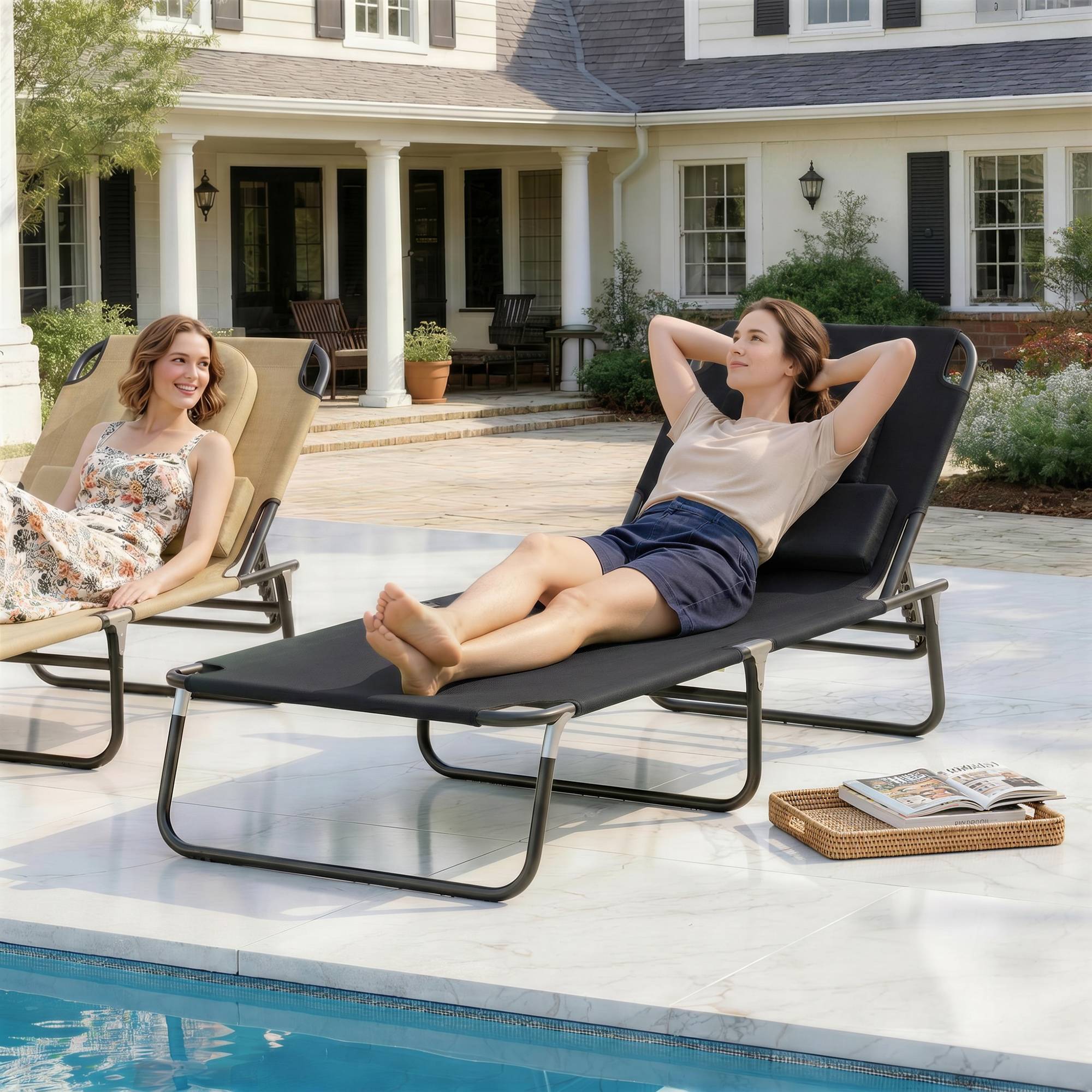 Transat de Jardin Chaise Longue Pliante Bain de Soleil pour Lecture Noir - Image 4