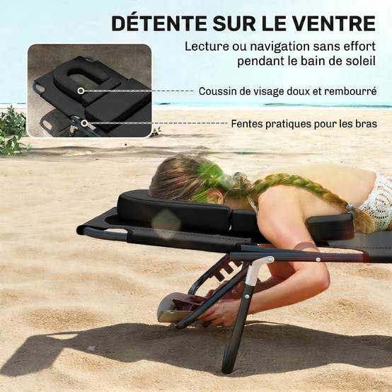 Transat de Jardin Chaise Longue Pliante Bain de Soleil pour Lecture Noir - Image 6