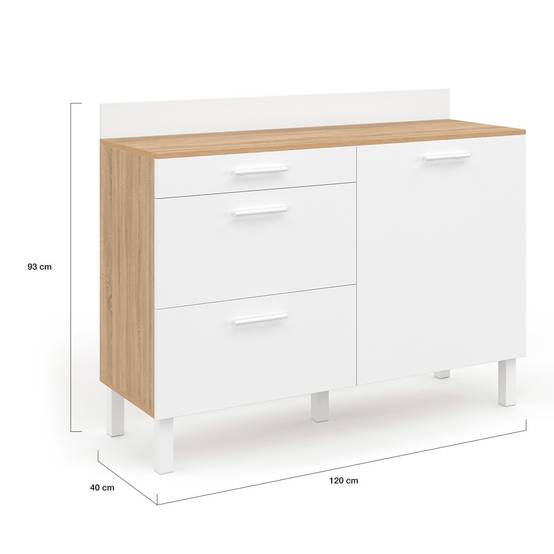 Buffet bas de cuisine 120 cm casserolier CINA plan de travail H.83 cm 1 porte + 3 tiroirs façon hêtre et blanc - Image 6