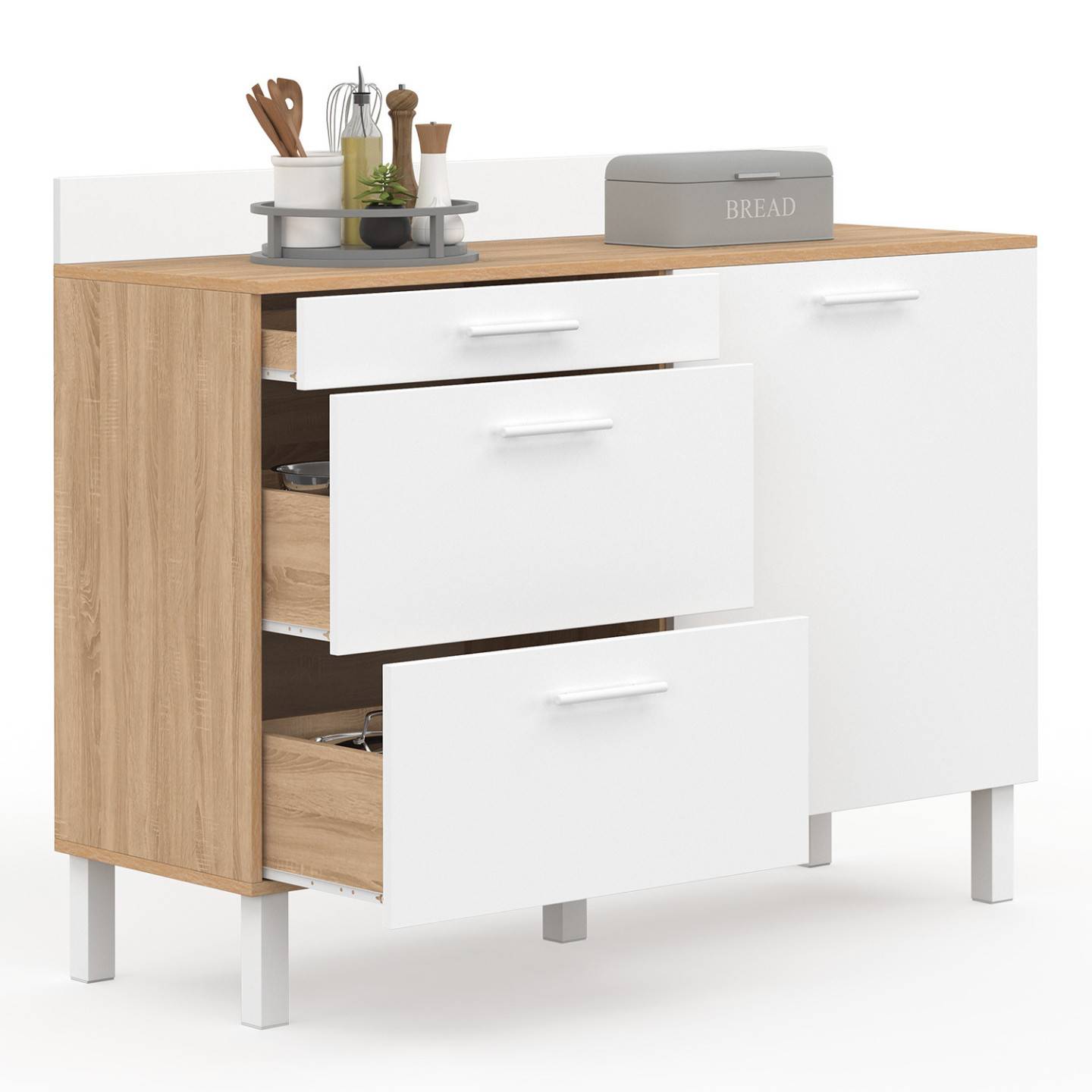 Buffet bas de cuisine 120 cm casserolier CINA plan de travail H.83 cm 1 porte + 3 tiroirs façon hêtre et blanc - Image 2