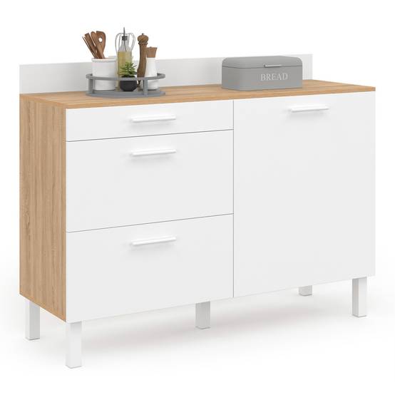 Buffet bas de cuisine 120 cm casserolier CINA plan de travail H.83 cm 1 porte + 3 tiroirs façon hêtre et blanc - Image 3