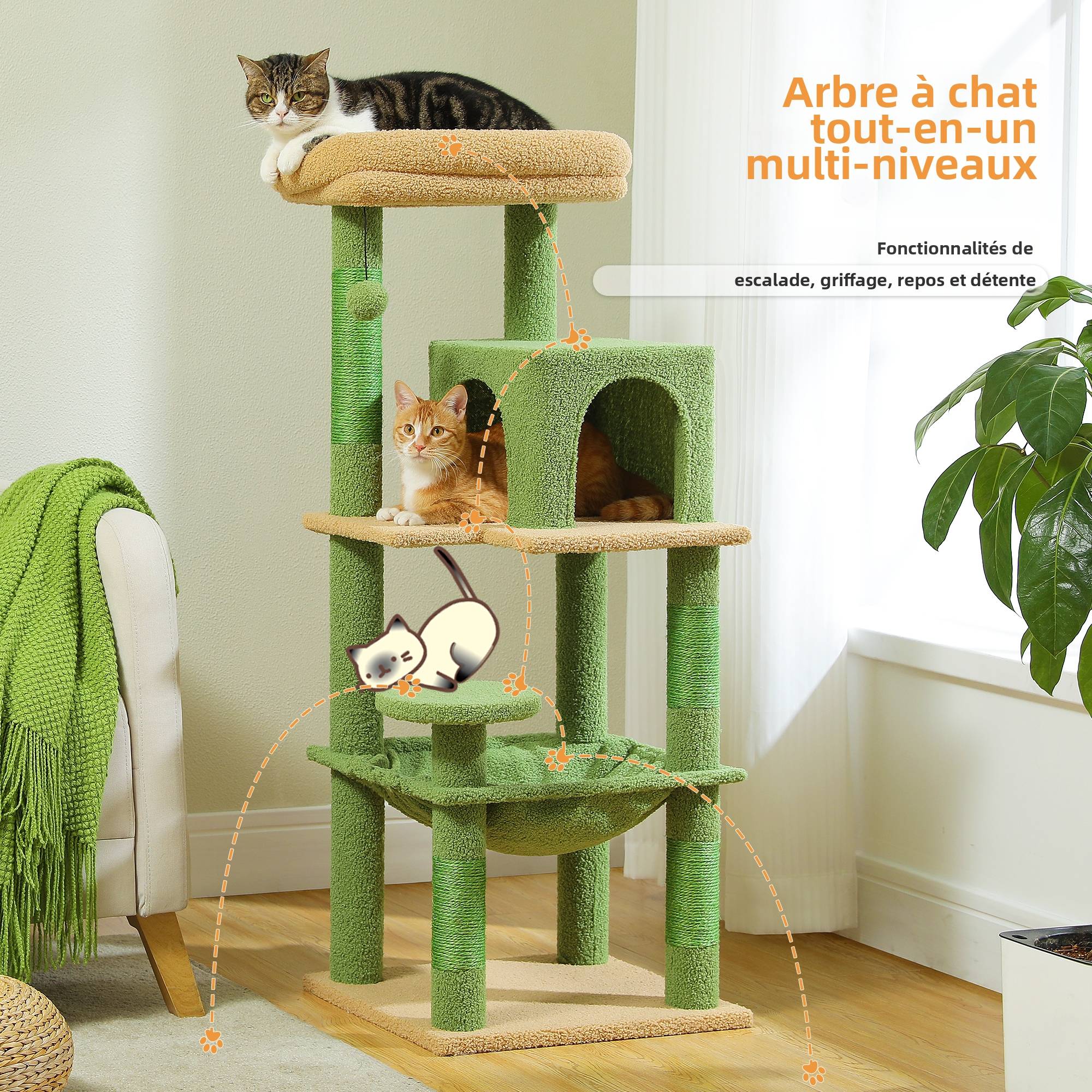 Arbre à Chat 116 cm avec Hamac et Maison Vert M PAWZ Road - Image 5