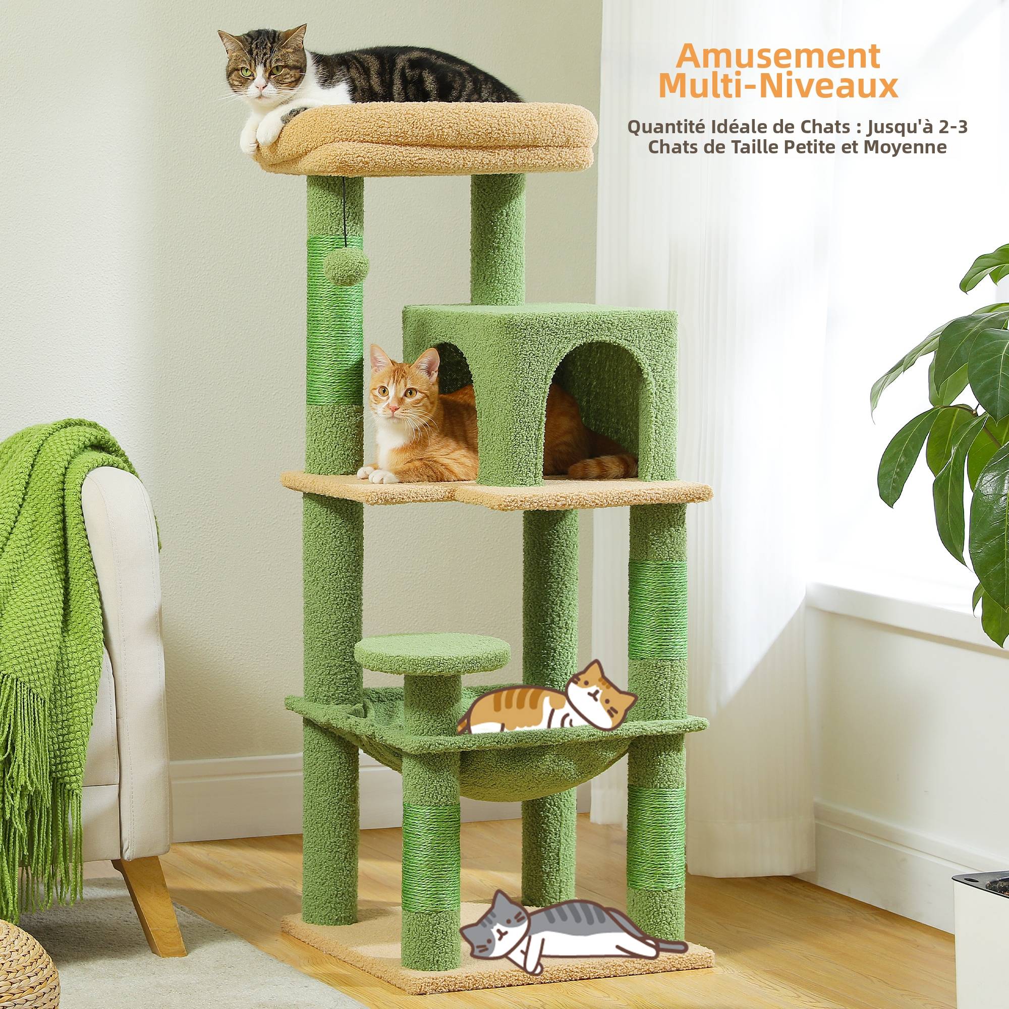 Arbre à Chat 116 cm avec Hamac et Maison Vert M PAWZ Road - Image 3