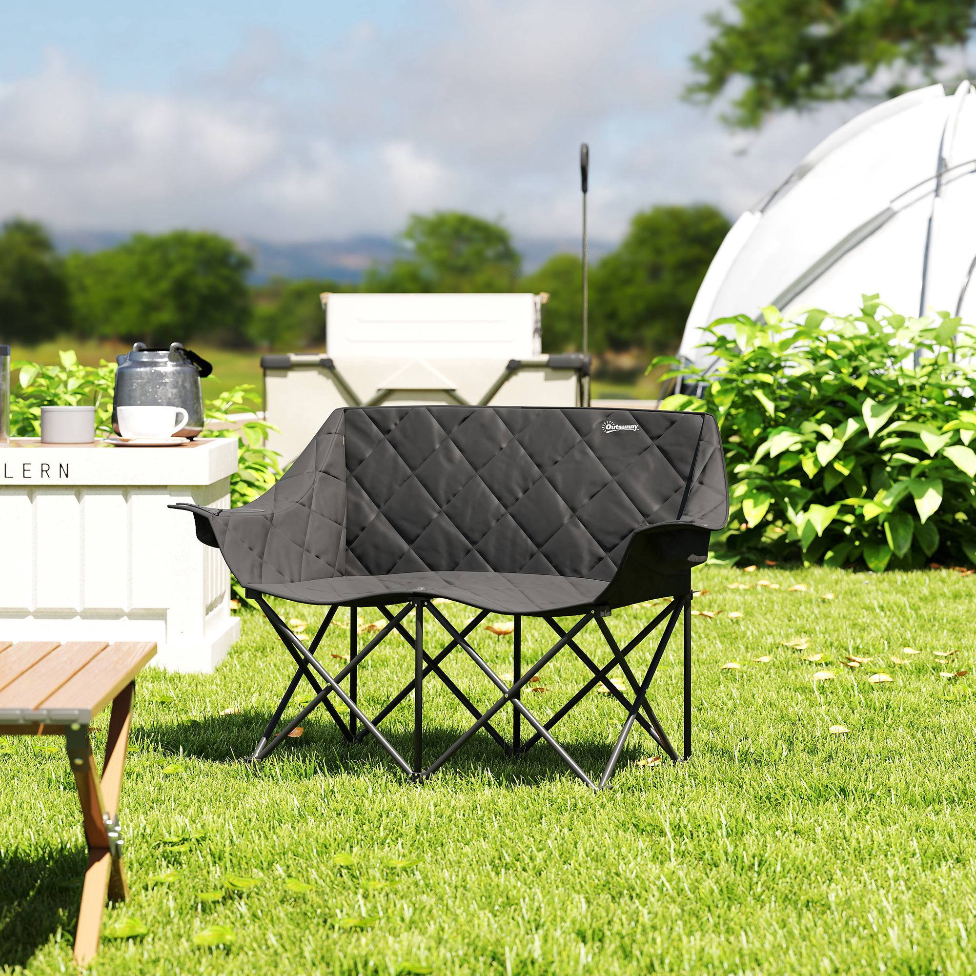 Chaise de camping 2 places pliante métal et tissu noir 145 x 60 x 92 cm - PANGIVO - Image 4