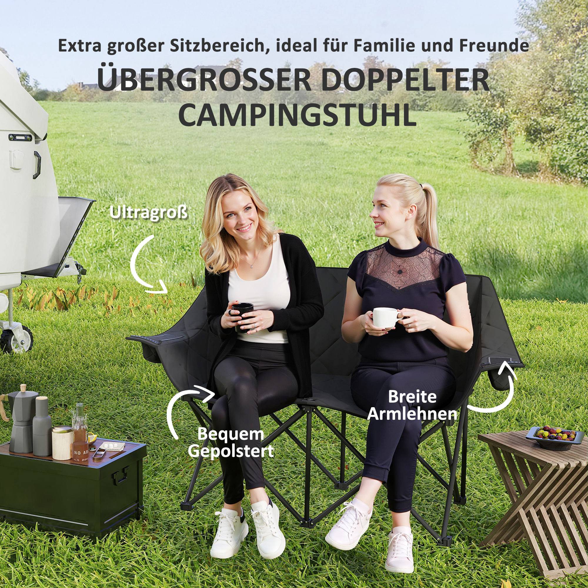 Chaise de camping 2 places pliante métal et tissu noir 145 x 60 x 92 cm - PANGIVO - Image 7