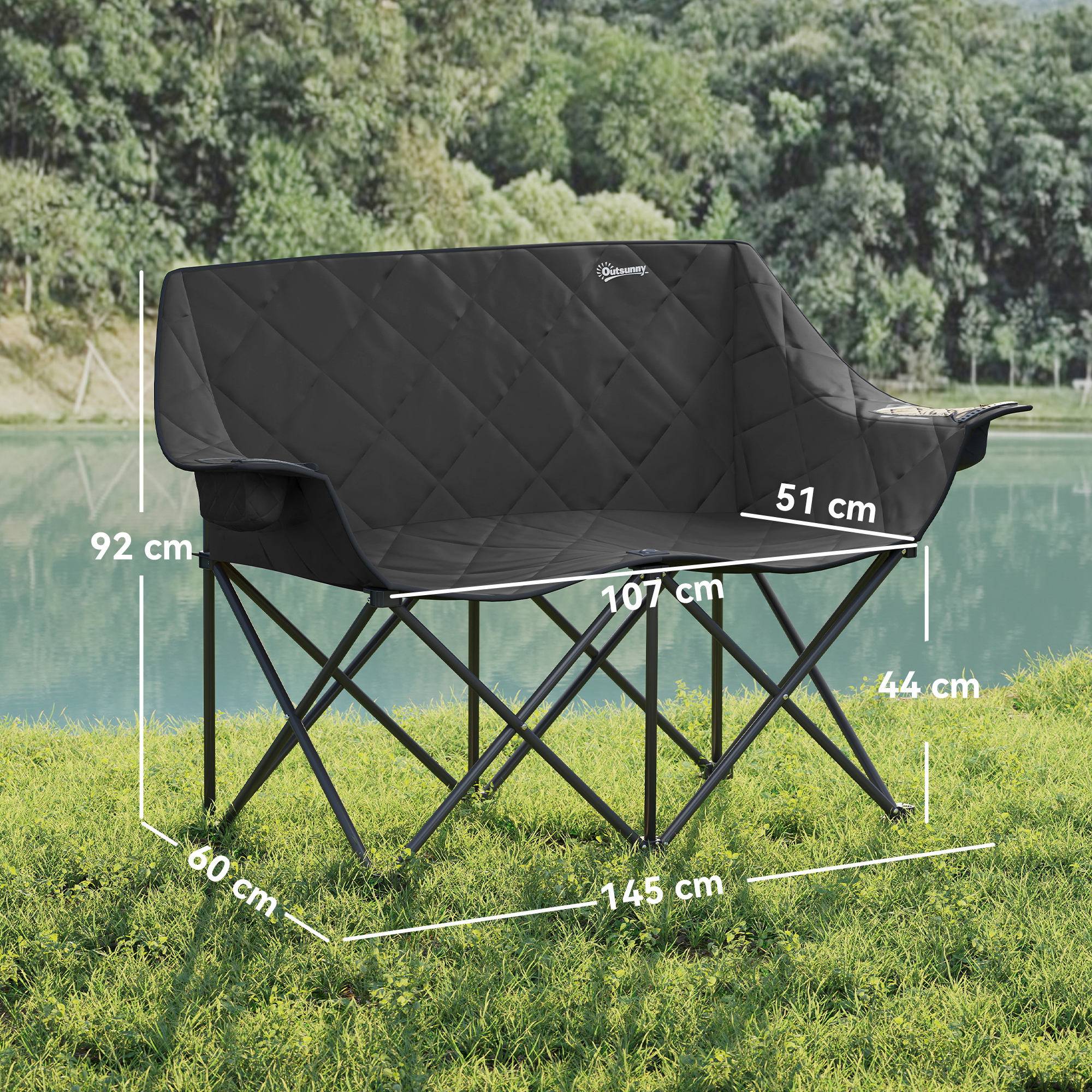 Chaise de camping 2 places pliante métal et tissu noir 145 x 60 x 92 cm - PANGIVO - Image 5