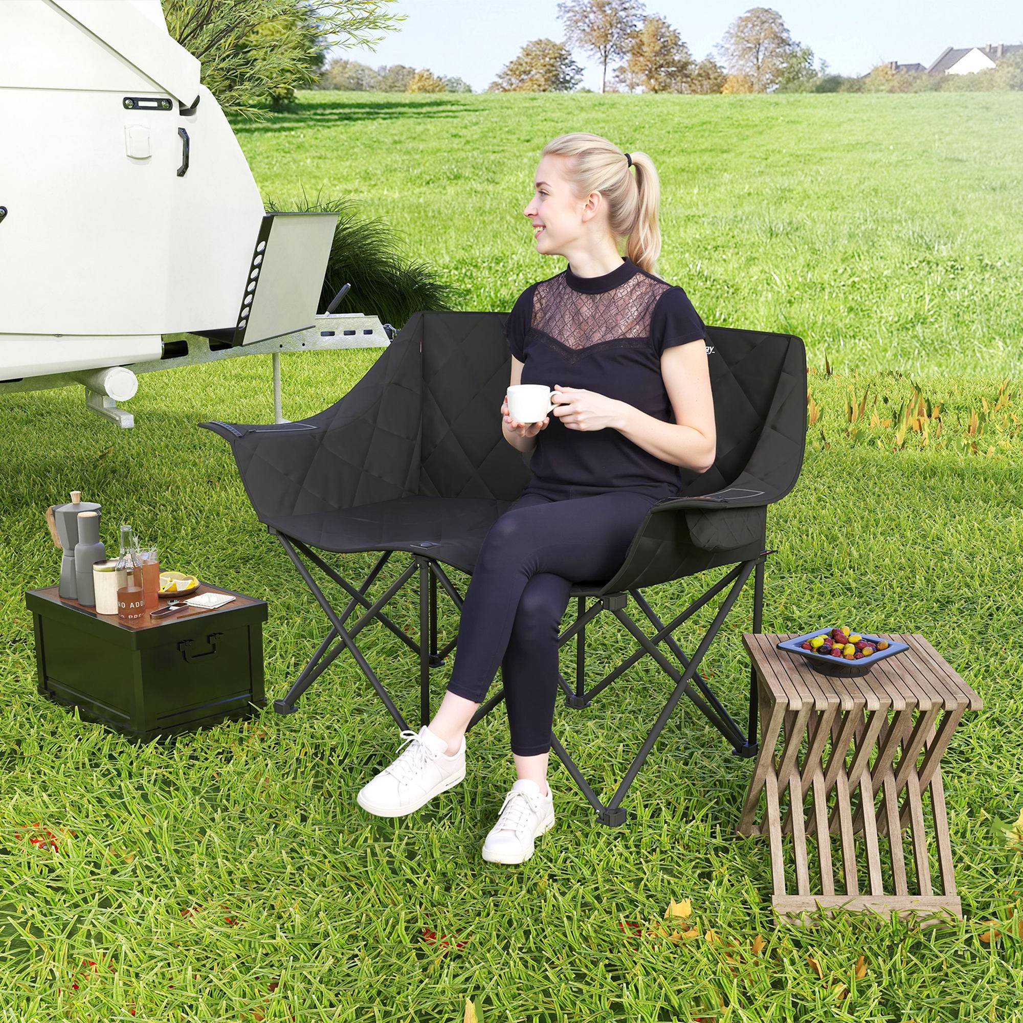 Chaise de camping 2 places pliante métal et tissu noir 145 x 60 x 92 cm - PANGIVO - Image 10