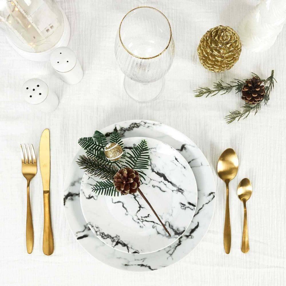 The Home Deco Factory - Service de table 12 assiettes en porcelaine motif marbre blanc Marble - Image 2
